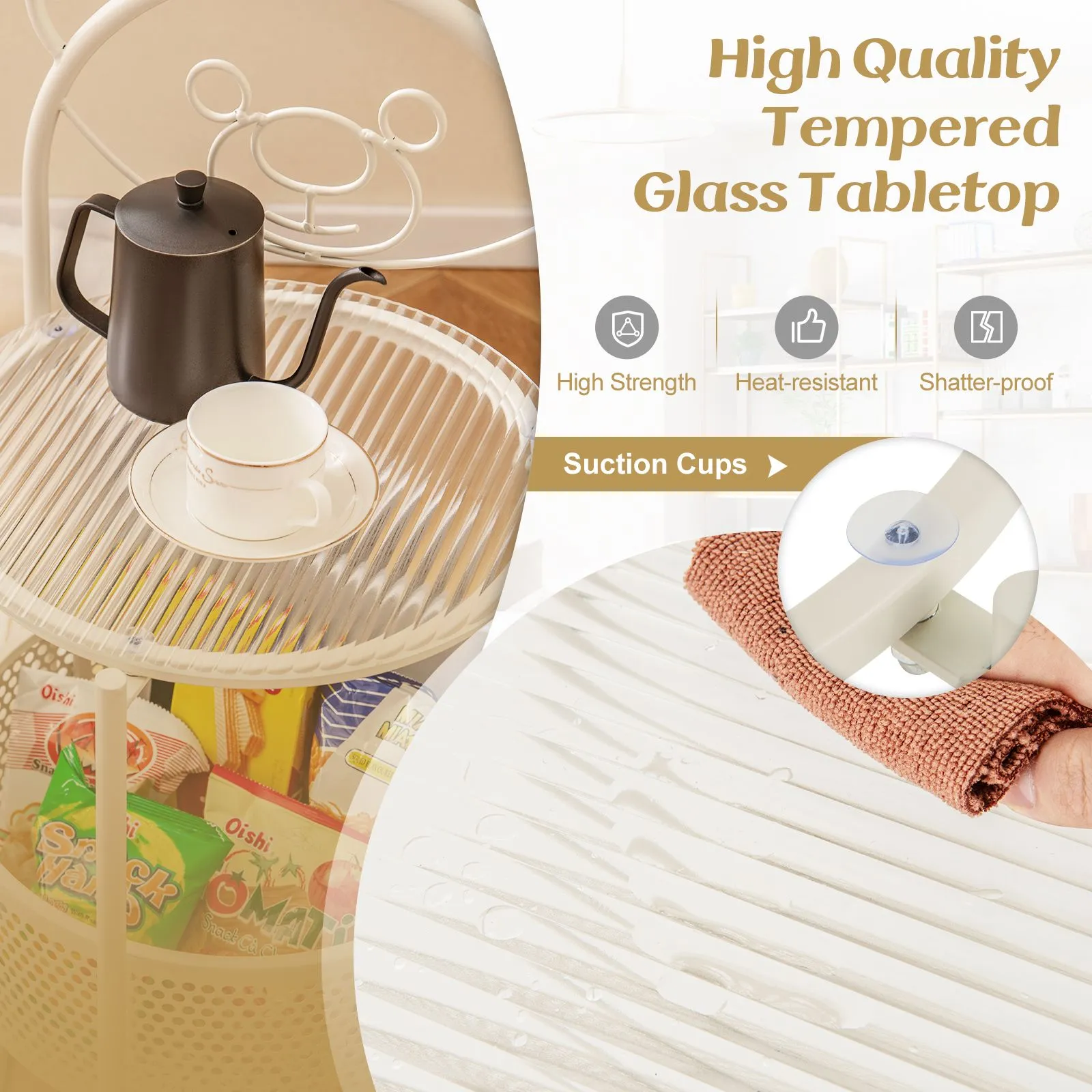Costway Mobile Glass Coffee Table 2-Tier Round End Table w/Bear Pattern in White 4