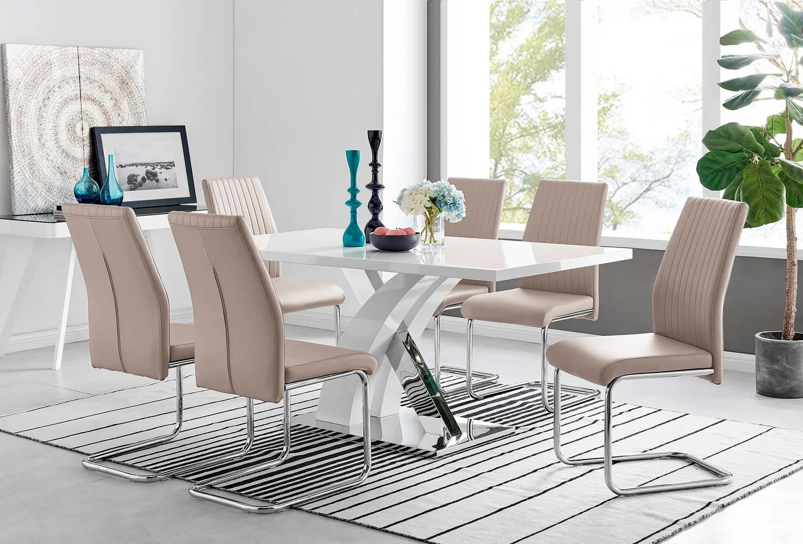 FurnitureboxUK Atlanta Modern Rectangle Chrome Metal High Gloss White Dining Table & 6 Lorenzo Chairs Set in Beige 1