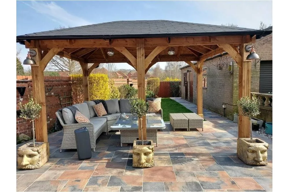 Dunster House Wooden Gazebo Heavy Duty with Roof Shingles 4m x 3m - Leviathan in Brown 3
