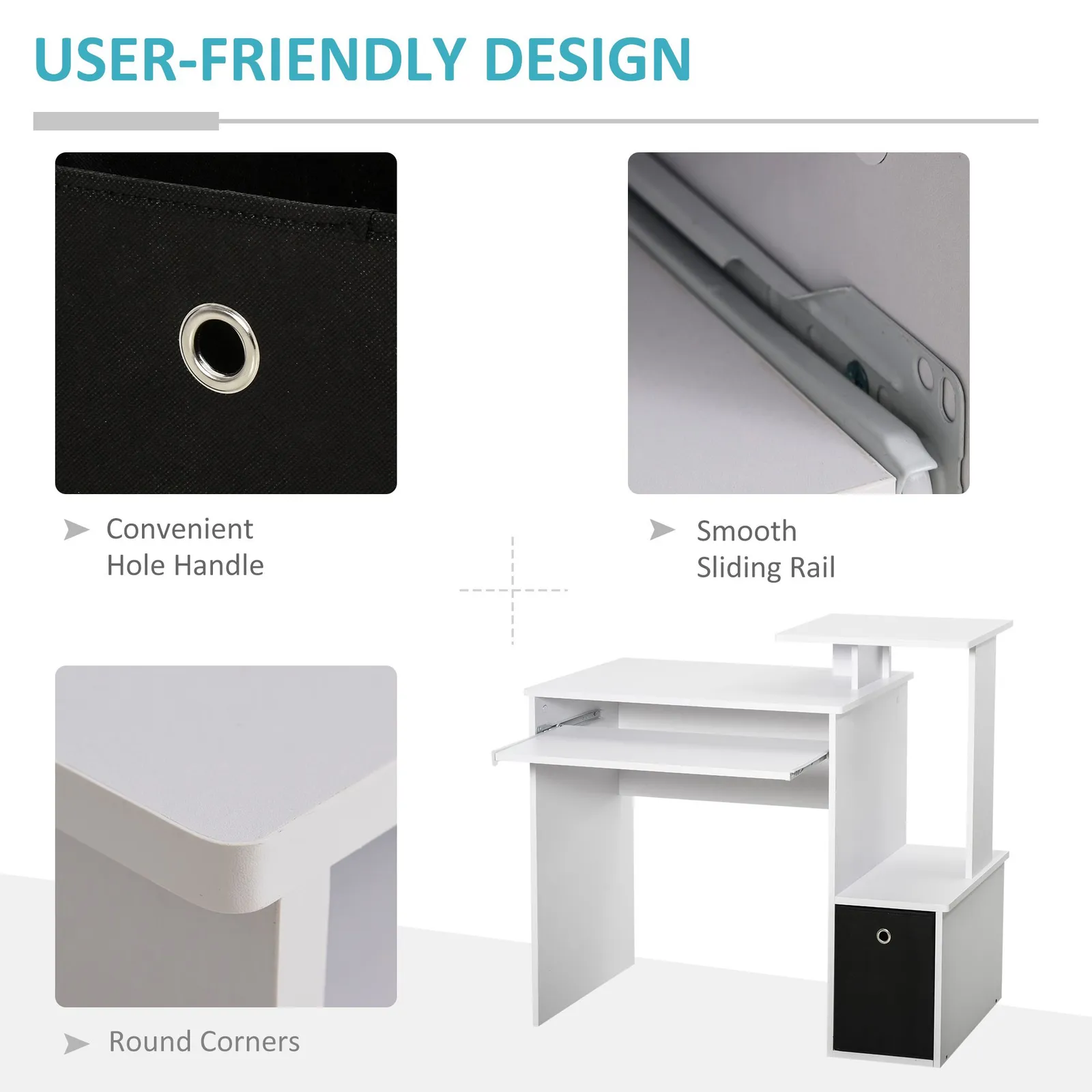 HOMCOM Computer Desk with Sliding Keyboard Tray Storage Drawer Shelf in White 6