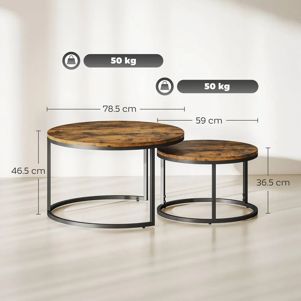 HOMCOM 2 Pcs Stacking Coffee Table Set with Steel Frame in Brown 3