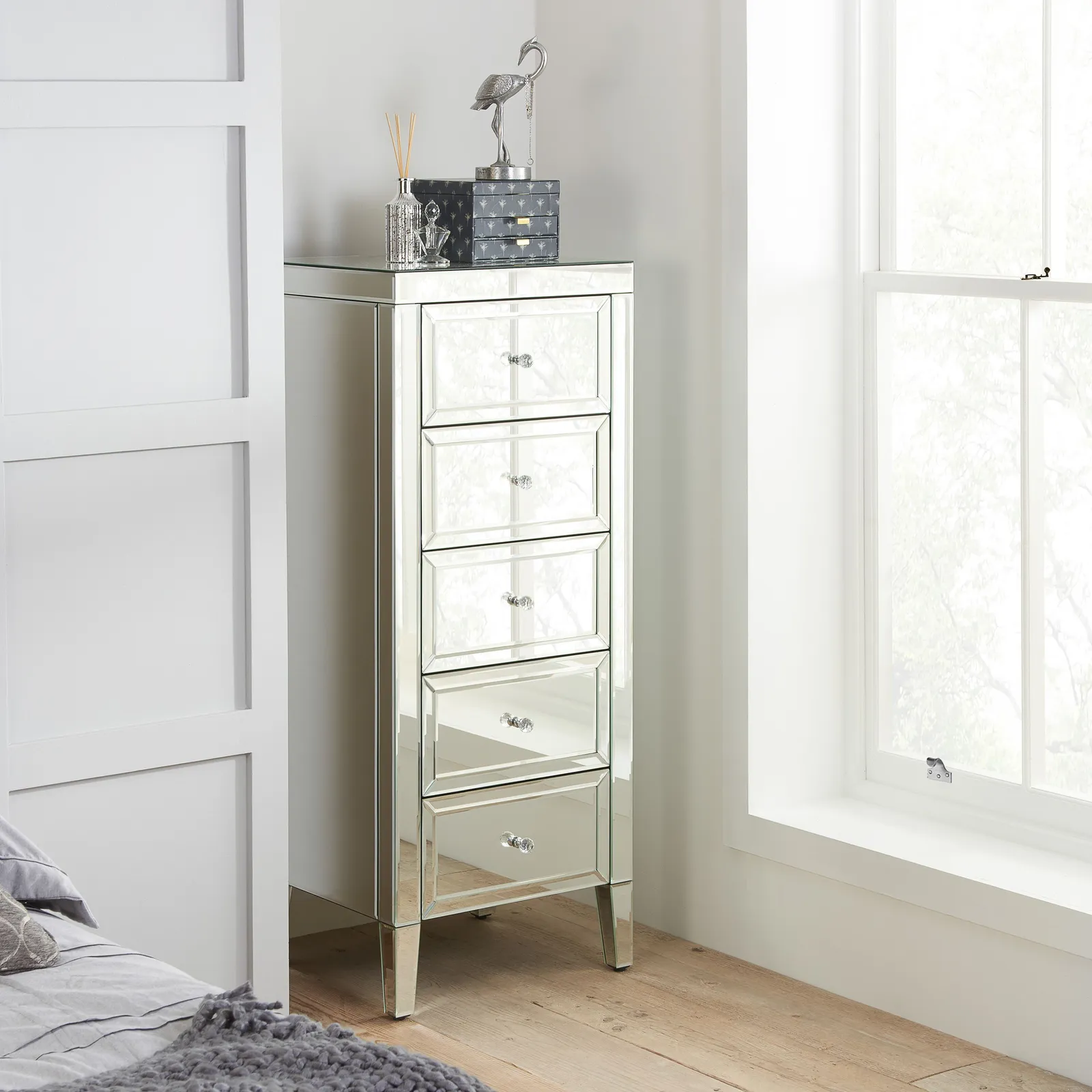 Birlea Valencia 5 Drawer Narrow Chest Mirrored in Silver