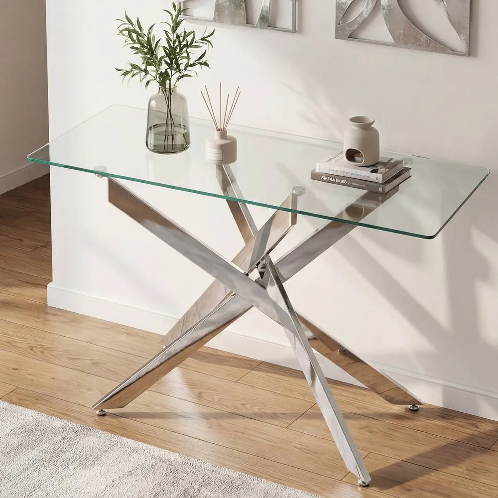 Costway Glass Console Table 115CM Entryway Table w/ Clear Tempered Glass Top in Silver