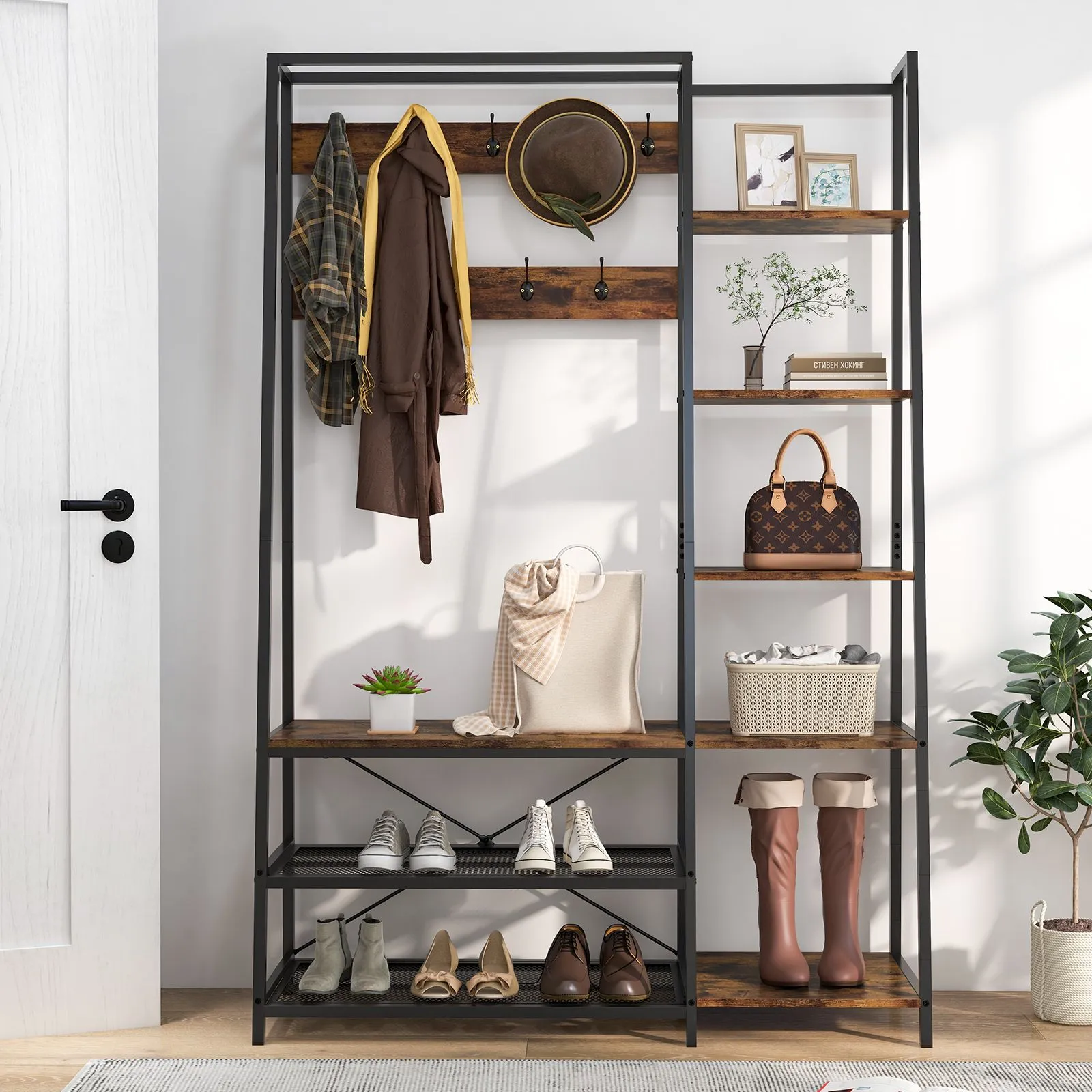 Costway Hall Tree with Storage Bench Industrial Coat Rack Shoe Bench with 9 Hooks in Brown 4