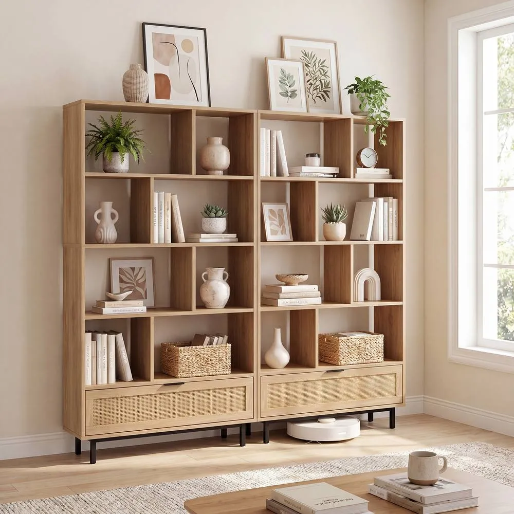 Costway 162cm Tall Wooden Bookcase 6-Tier Bookshelf w/8 Cubes & Rattan Drawer in Natural 5