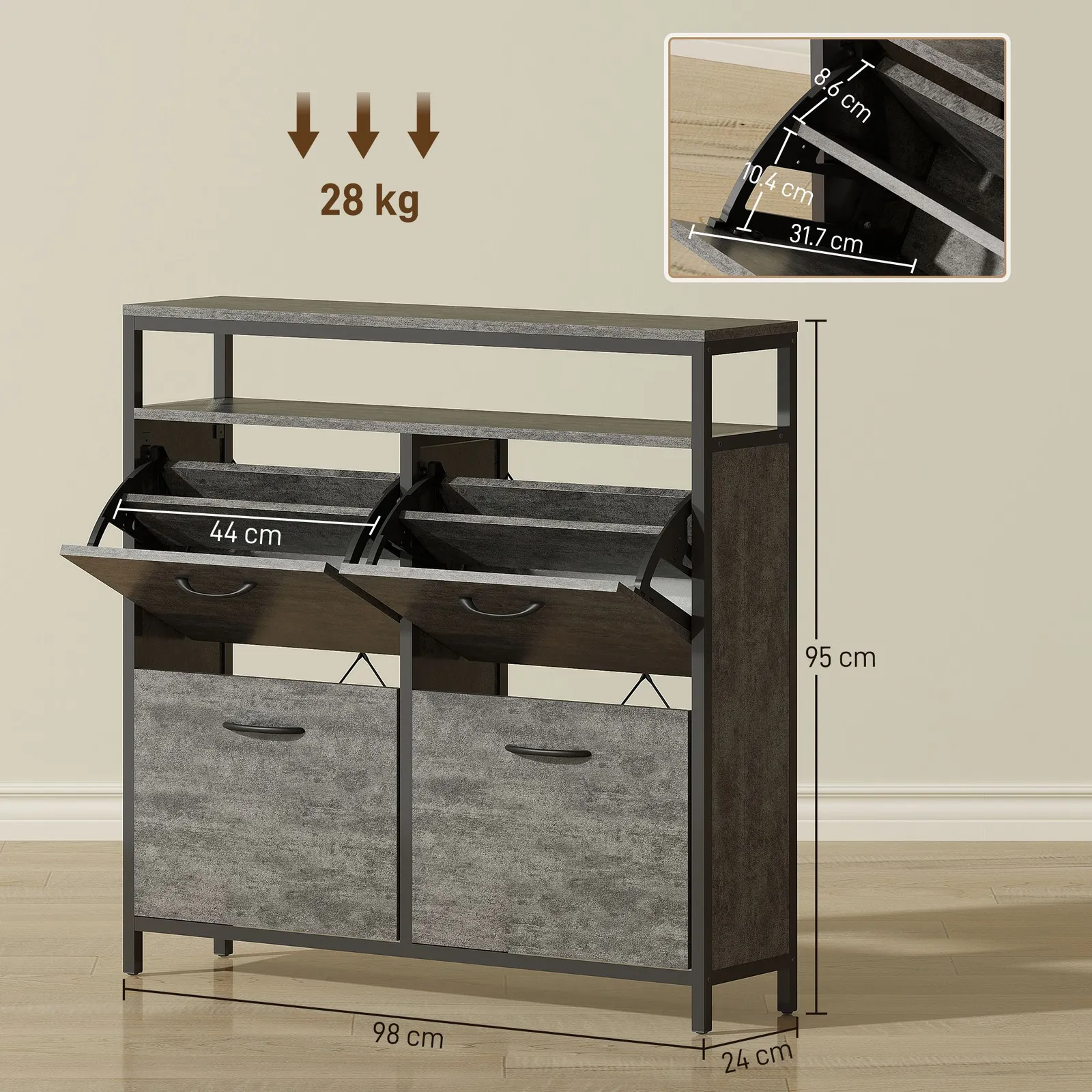 HOMCOM Shoe Cabinet with 4 Flip Drawers, Holds 12-20 Pairs in Grey 3