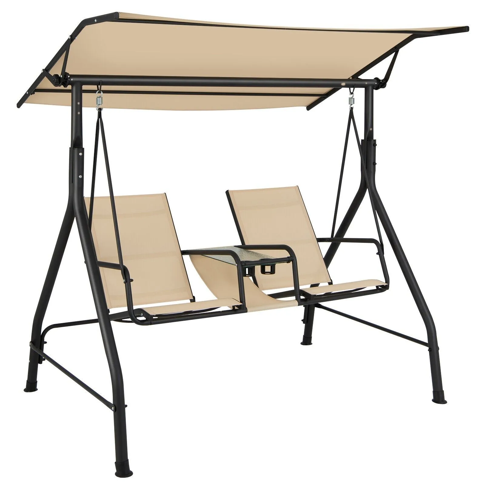 Costway 2 Person Outdoor Patio Swing Patio Loveseat Swing with Adjustable Canopy in Beige