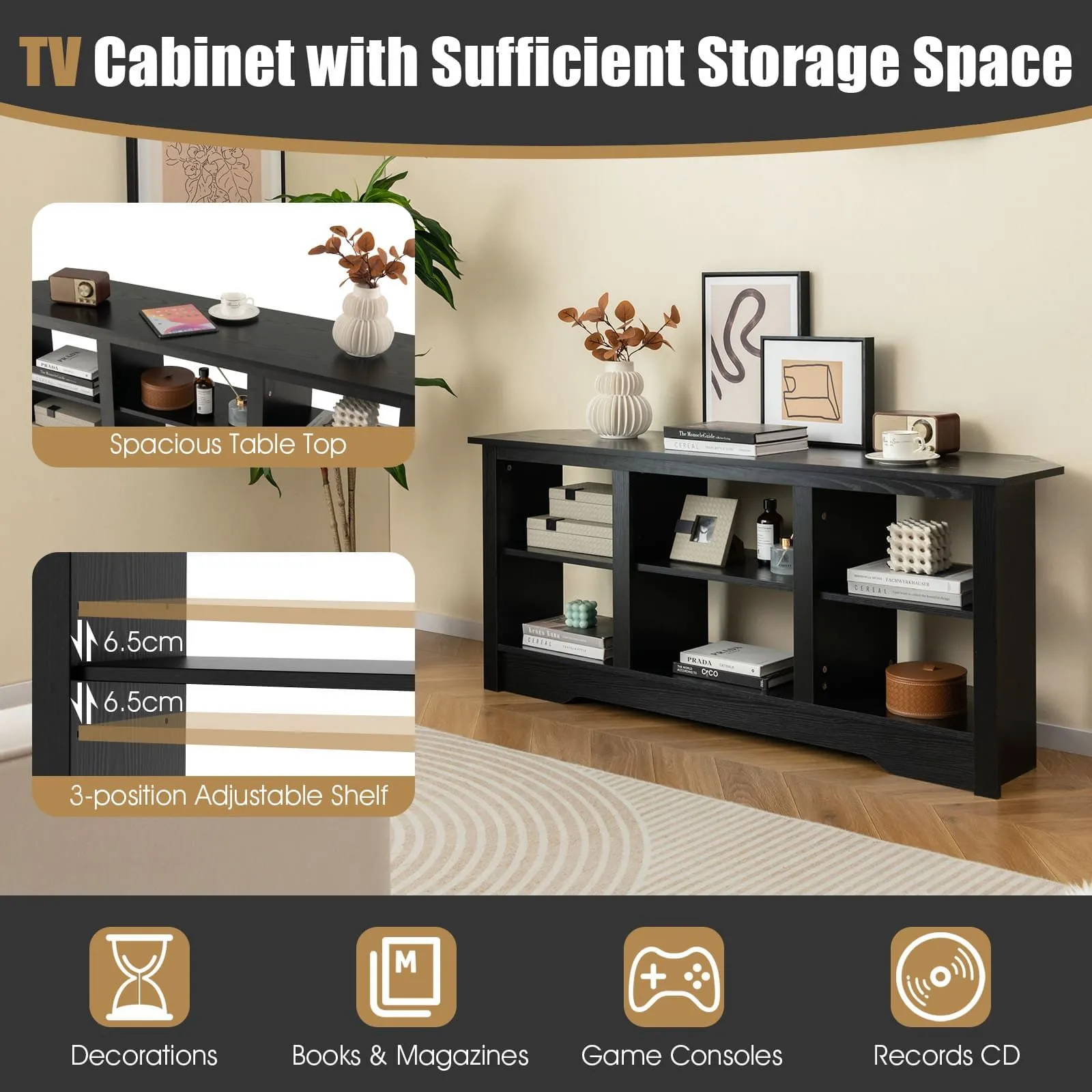 Costway 147cm TV Stand for TVs up to 65 Inches Media Entertainment Center-Black in Black 5