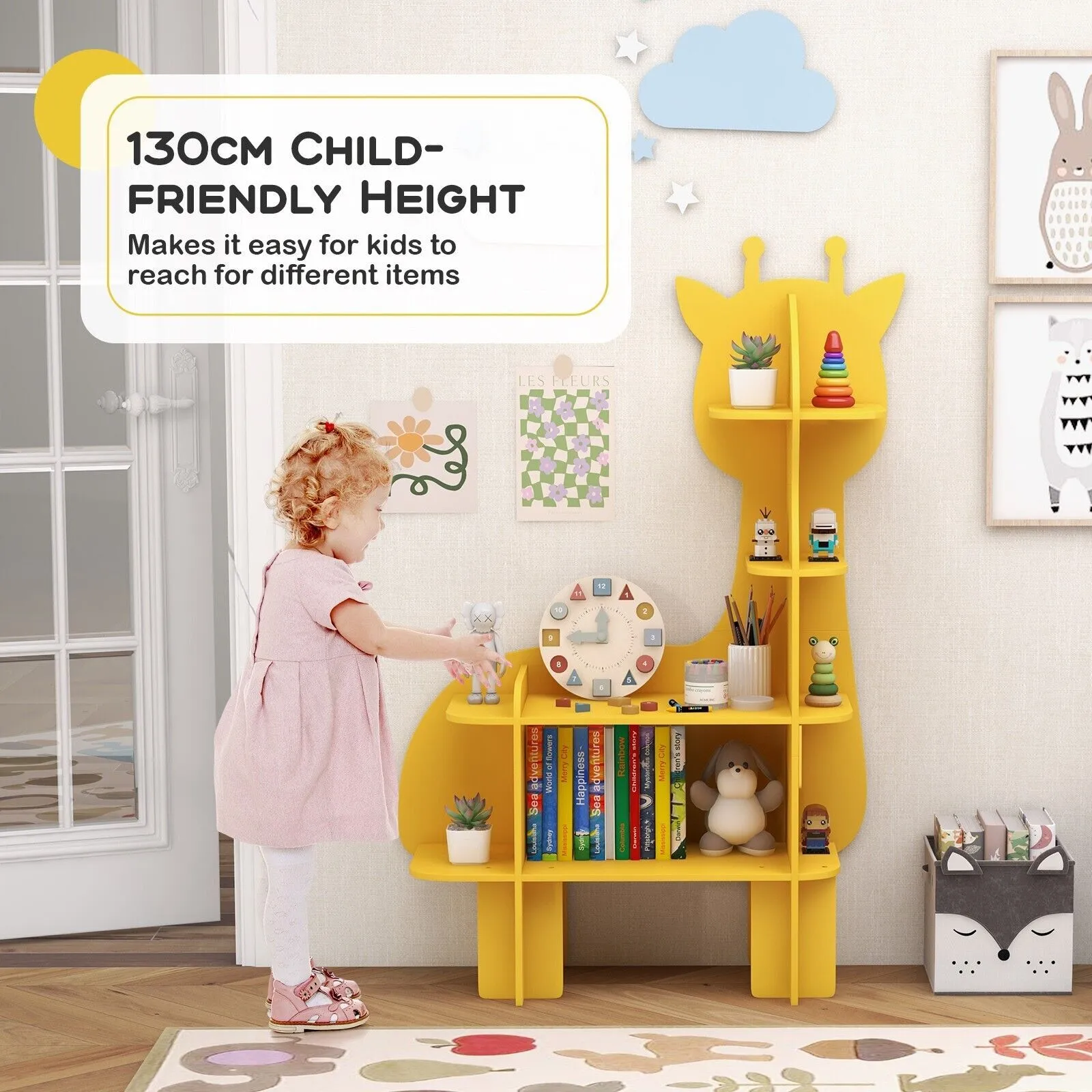 Costway Giraffe Bookcase 4 Tiers Toy Storage Organizer Wooden Bookshelf in Yellow 5