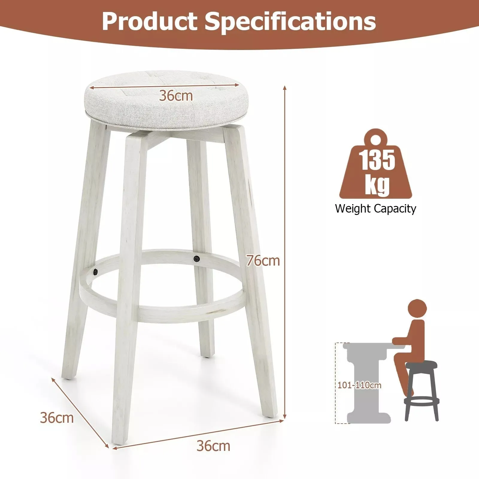 Costway Set of 2 Bar Stools Kitchen Upholstered Chair 360 Swivel Pub Stool 76cm in Beige 2