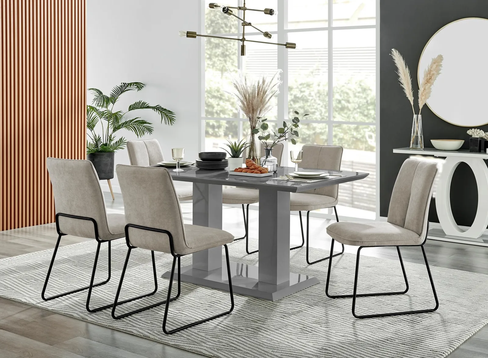 FurnitureboxUK Imperia High Gloss Grey Dining Table & 6 Halleyy Chairs in Taupe 1