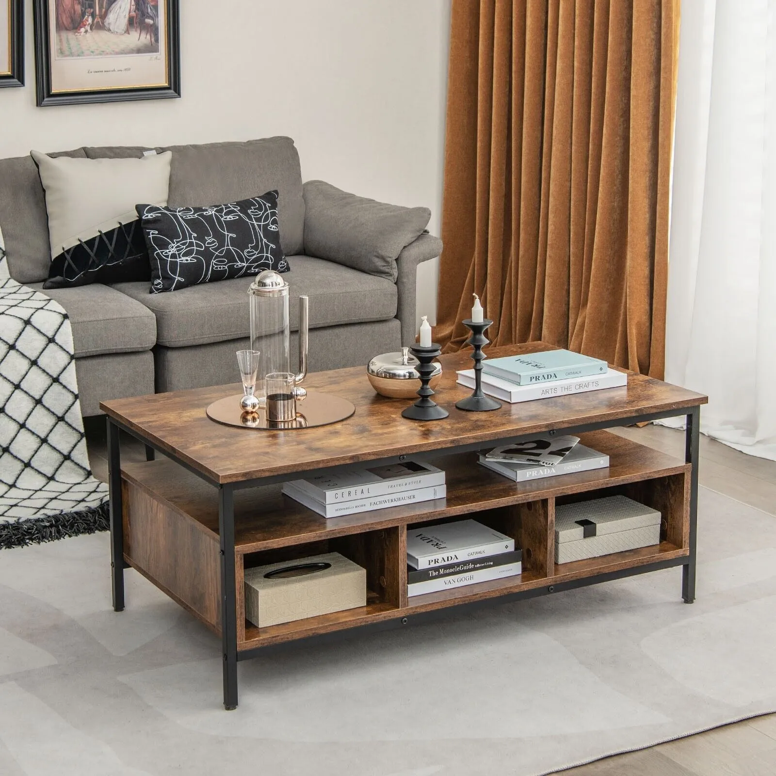 Costway Industrial Coffee Table Wooden Cocktail Center Table with Storage Shelf in Brown 3