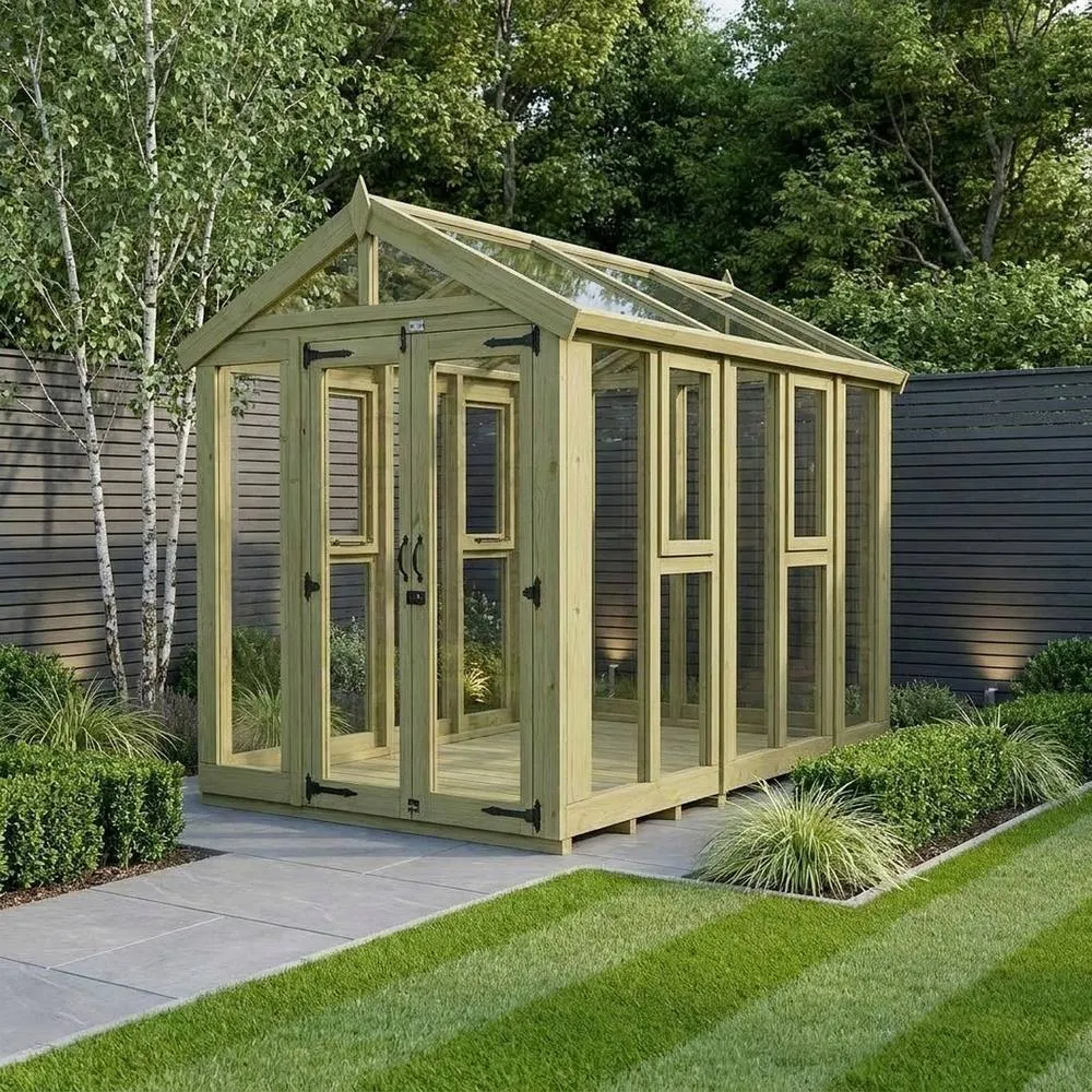 Buttercup Farm 6ft x 10ft Apex Toughened Glass Greenhouse - Pressure Treated Timber in Brown 2