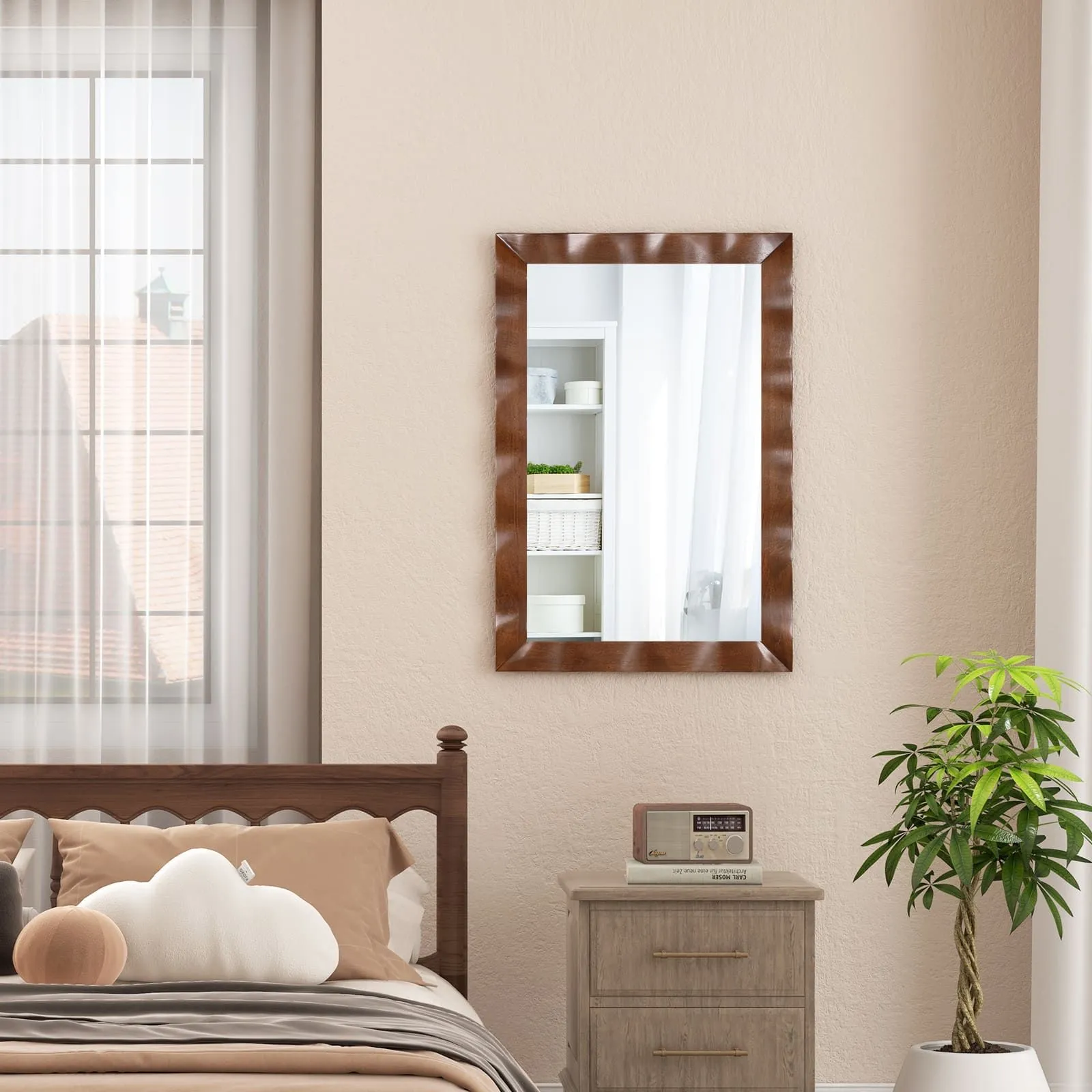 Costway Farmhouse Wall Mirror 106CM x71CM Wood Vanity Wall Mirror-Brown in Brown 3