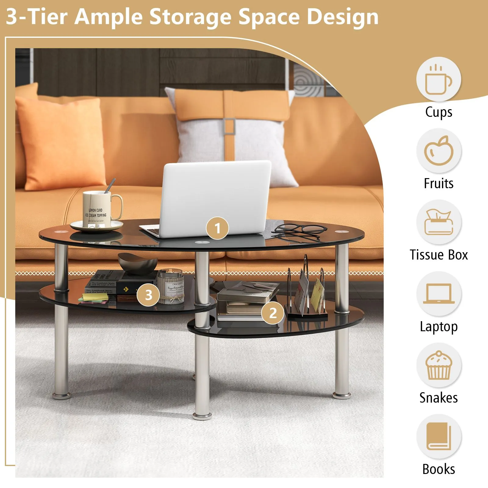 Costway 3-Tire Modern Oval Tea Table Smooth Glass Coffee Table Sofa End Side Table in Black 4