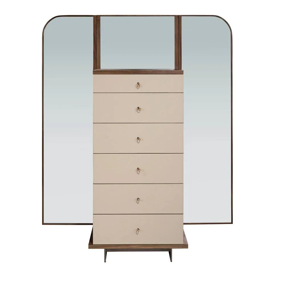 Angel Cerda Walnut Veneer Chifonier with Mink Faux Leather & Mirror 2