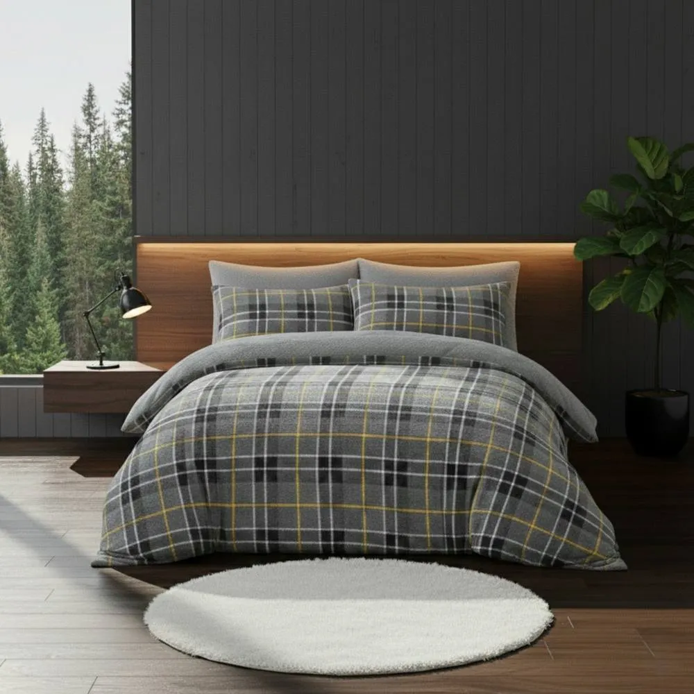 Snug City Ultra Soft Teddy Duvet Cover Tartan Check Reversible Fleece Bedding in Grey