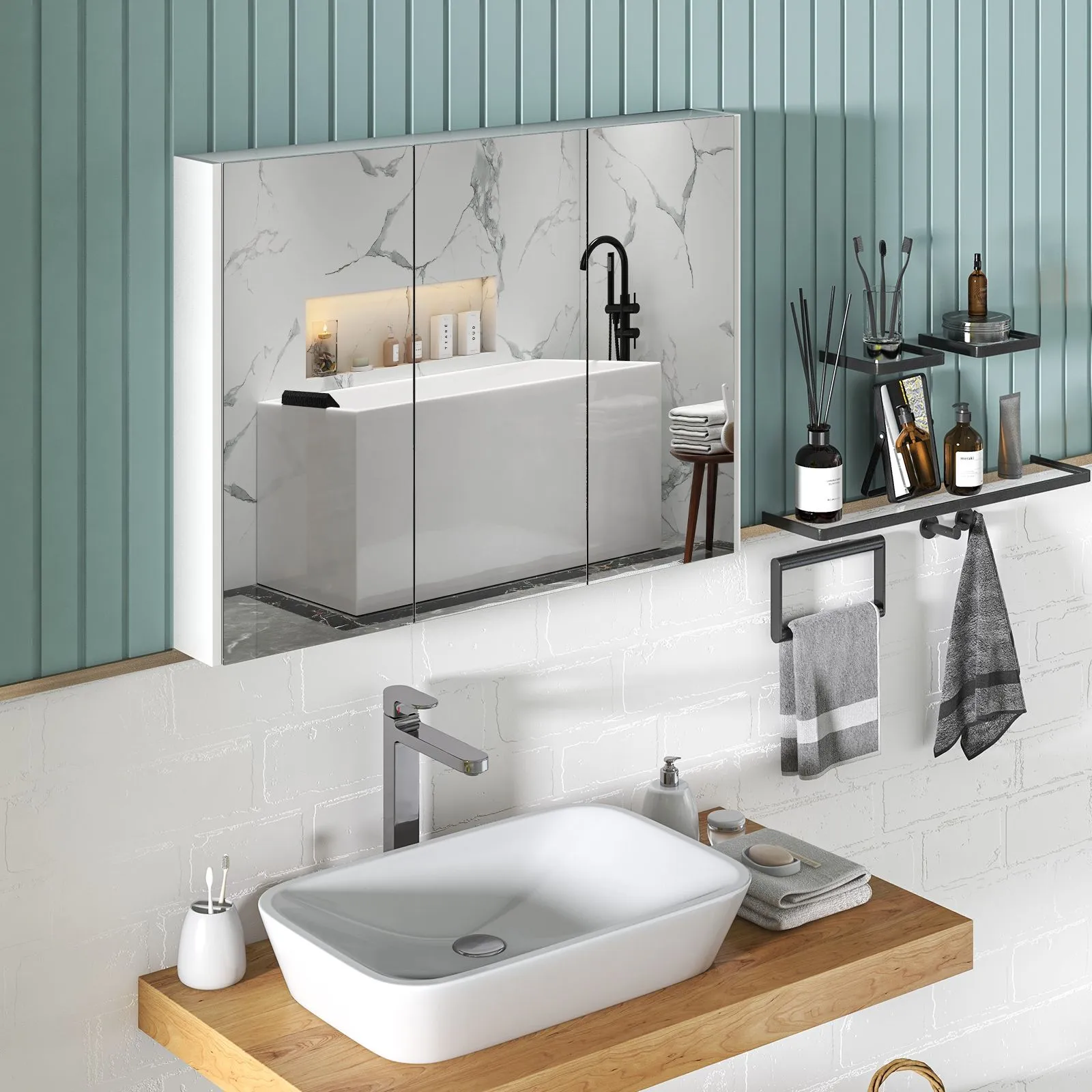 Costway Wall-Mounted Bathroom Mirror Cabinet 3 Door Storage Cupboard Adjustable Shelves in White 4