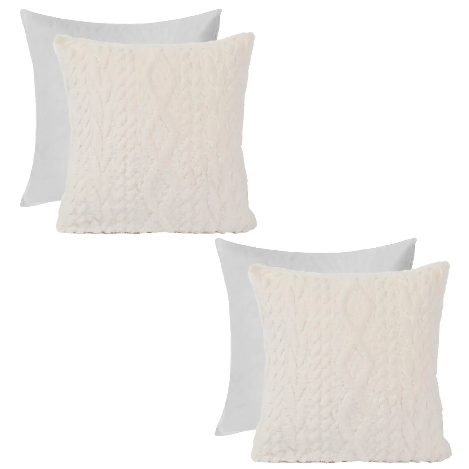 OHS 2 x Cable Knit Cushion Covers Soft Sherpa Filled Cases 18" x 18" in Cream
