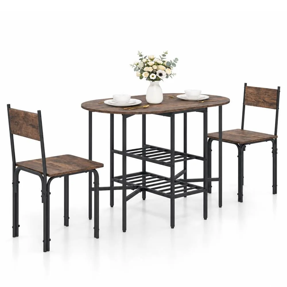 Costway 3 Piece Drop Leaf Dining Table Set w/ 2 Chairs Brown Kitchen Set