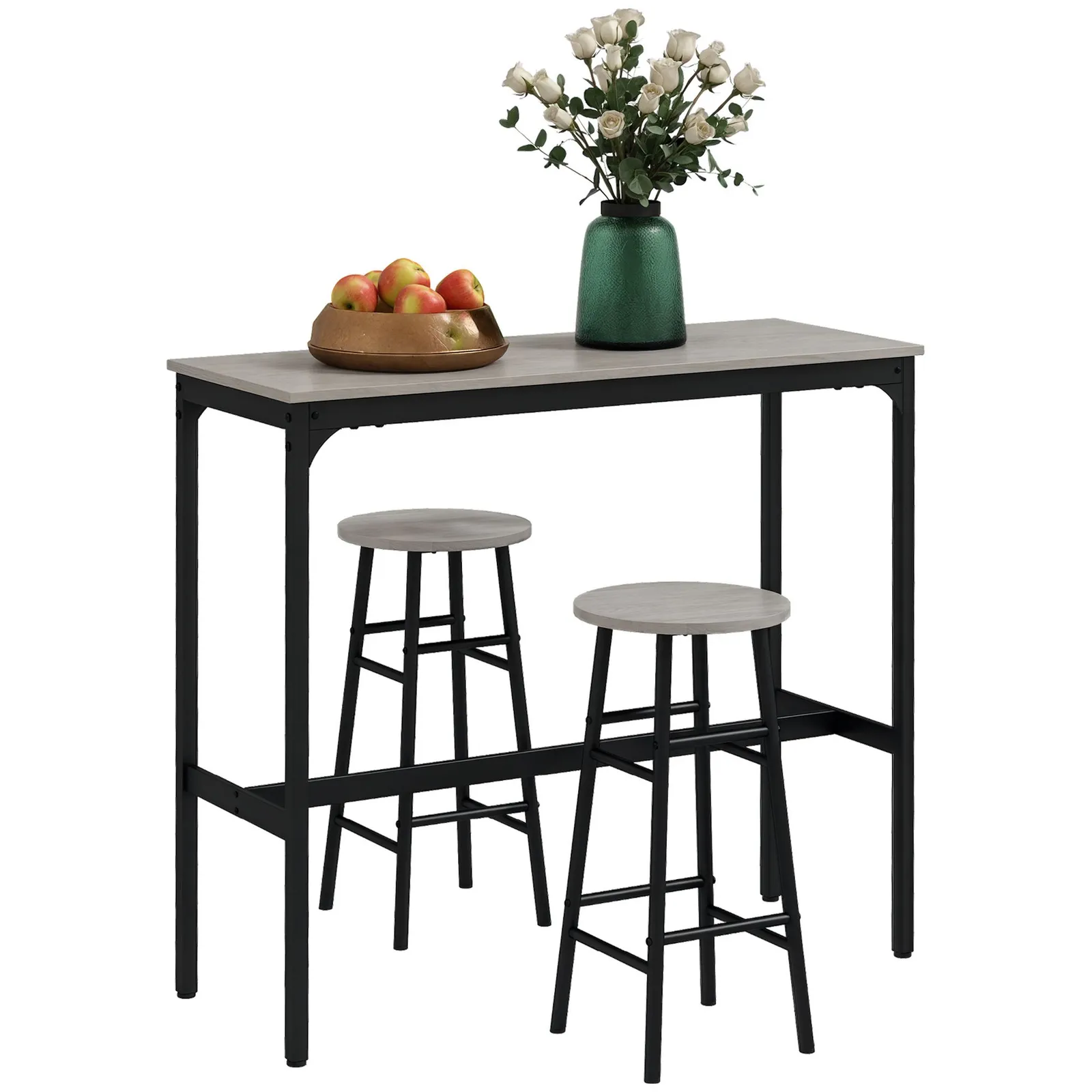 HOMCOM 3 Piece Bar Set with 2 Stools, Industrial Kitchen & Chair Set Grey 2