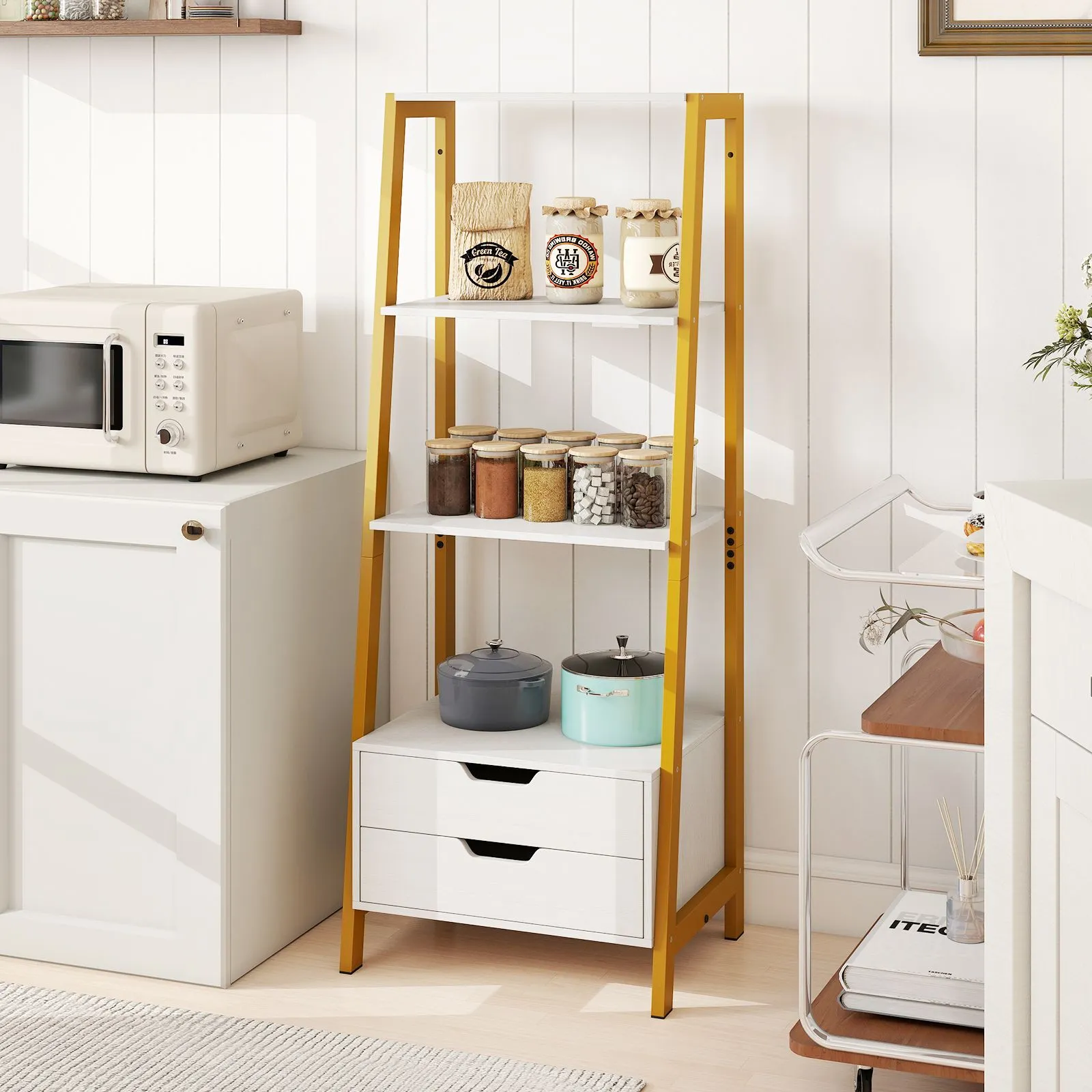 Costway Ladder Bookshelf Tall Freestanding Display Rack with Storage-White in White 3