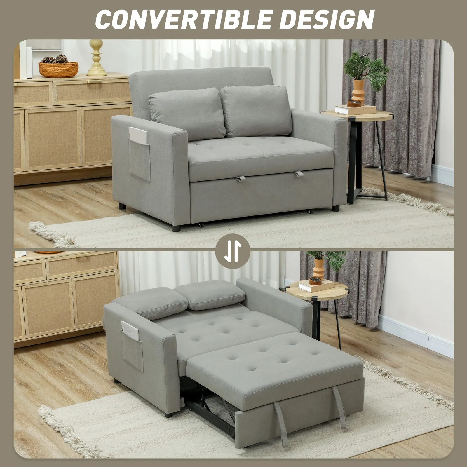 HOMCOM 2 Seater Sofa Bed Convertible Bed Settee with Pillows, Light Grey 4