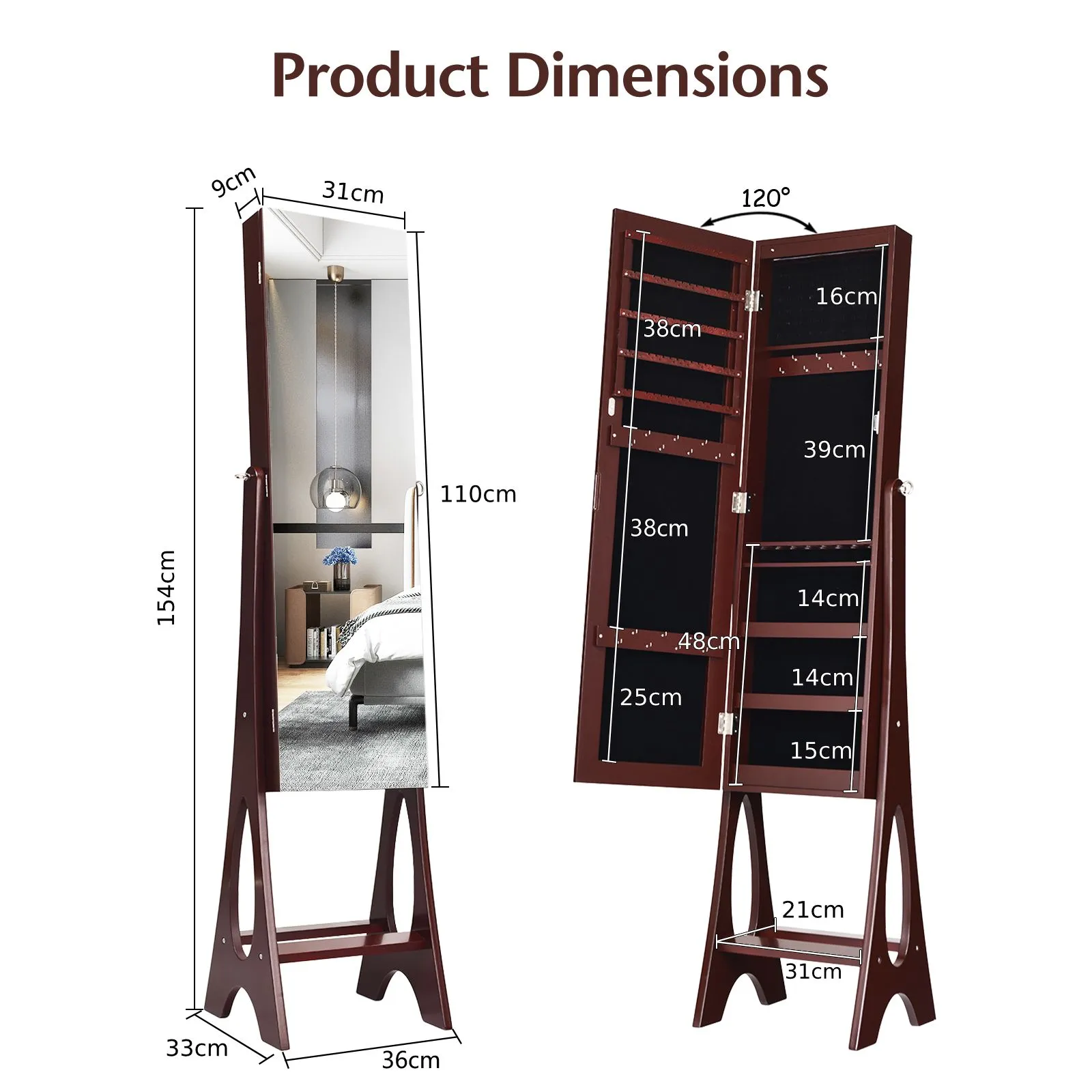 Costway Freestanding Mirror Jewelry Cabinet Organizer W/ Full Length Mirror Built-in LED in Brown 2