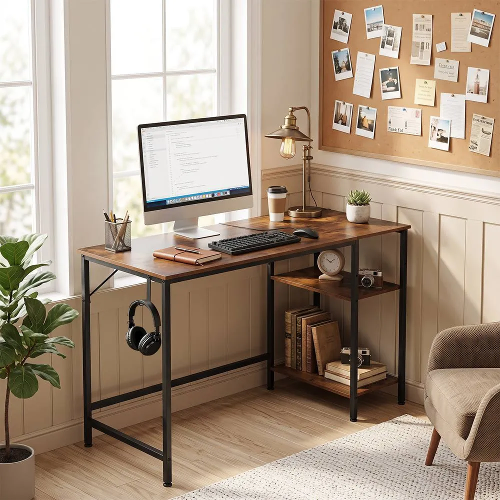 Costway Reversible Home Office Desk with Headphone Hook & Shelves in Brown 4