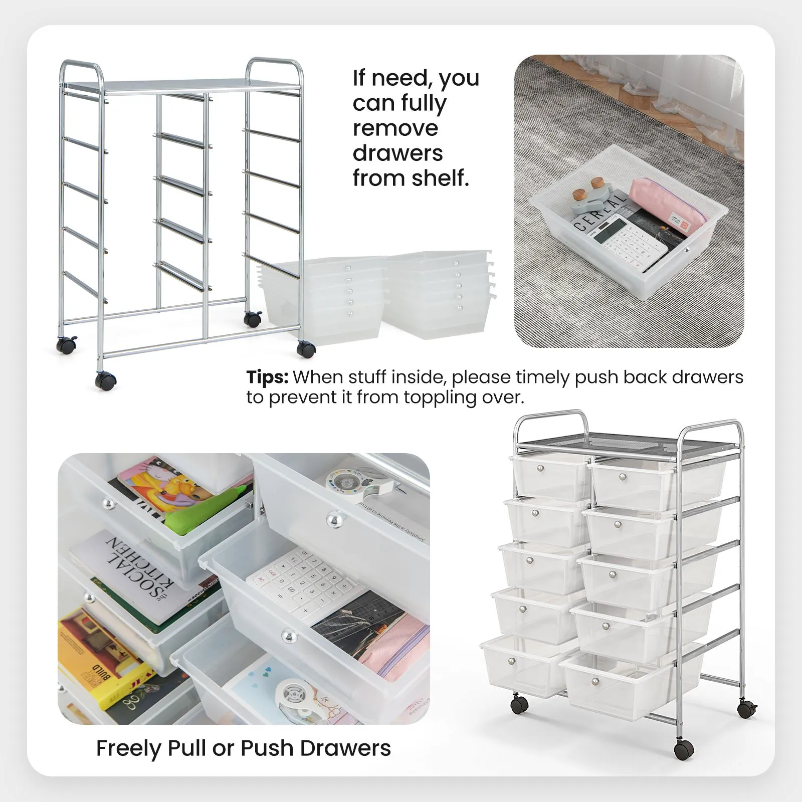 Costway 10 Drawers Storage Trolley Mobile Rolling Utility Cart Home Office Organizer in Clear 6