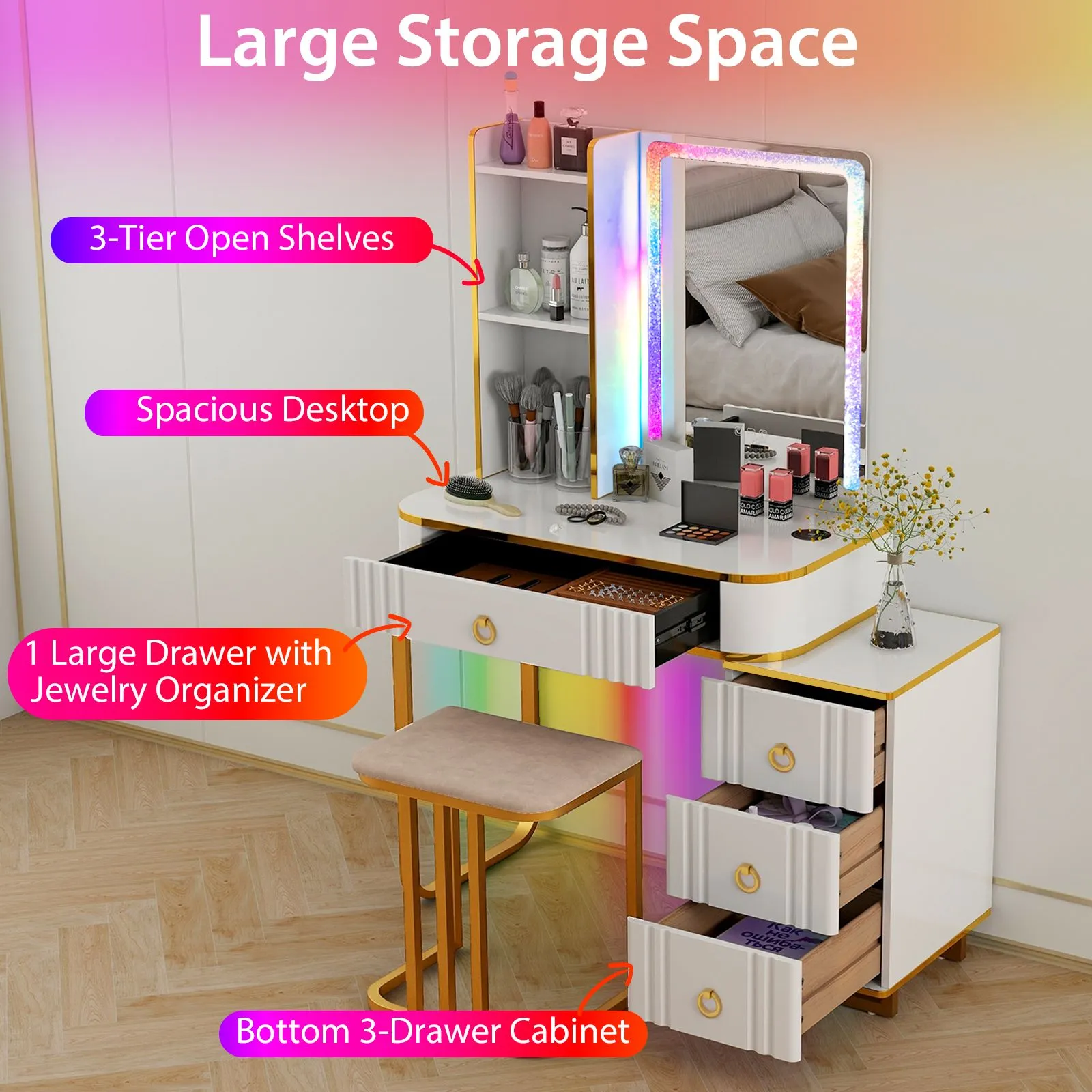 Costway RGB Vanity Table Set Bedroom Dressing Table w/ Mirror & Lights in White 6
