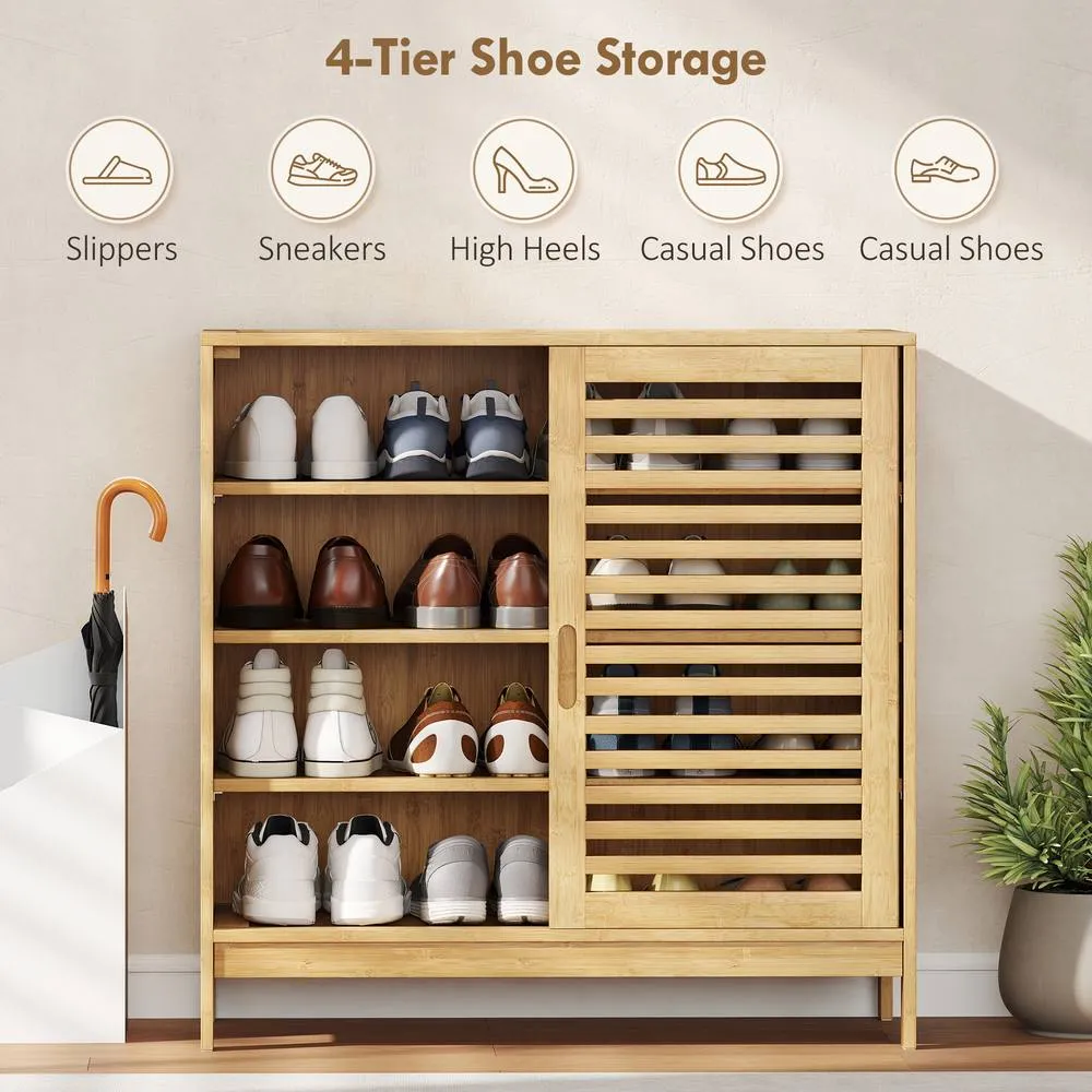 HOMCOM Bamboo Shoe Cabinet with 2 Sliding Slat Doors, 16 Pairs, Natural 4
