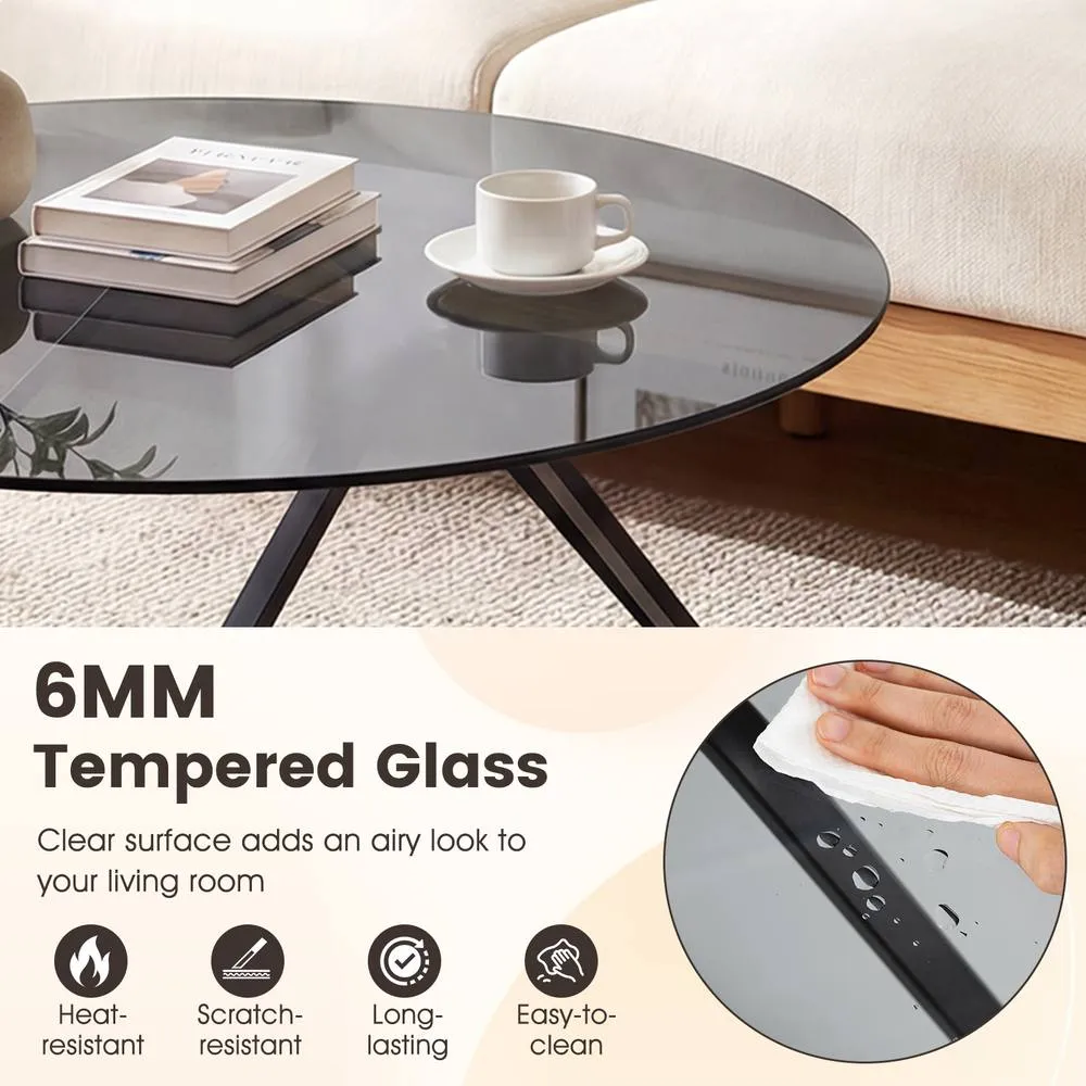 Costway Tempered Glass Coffee Table Round Accent Table Center Cocktail Table in Black 6
