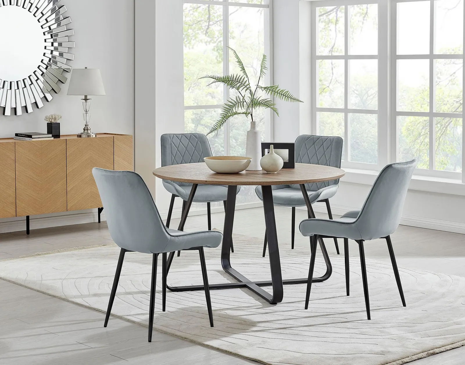 FurnitureboxUK Santorini Brown Round Dining Table & 4 Pesaro Black Leg Chairs in Grey 1