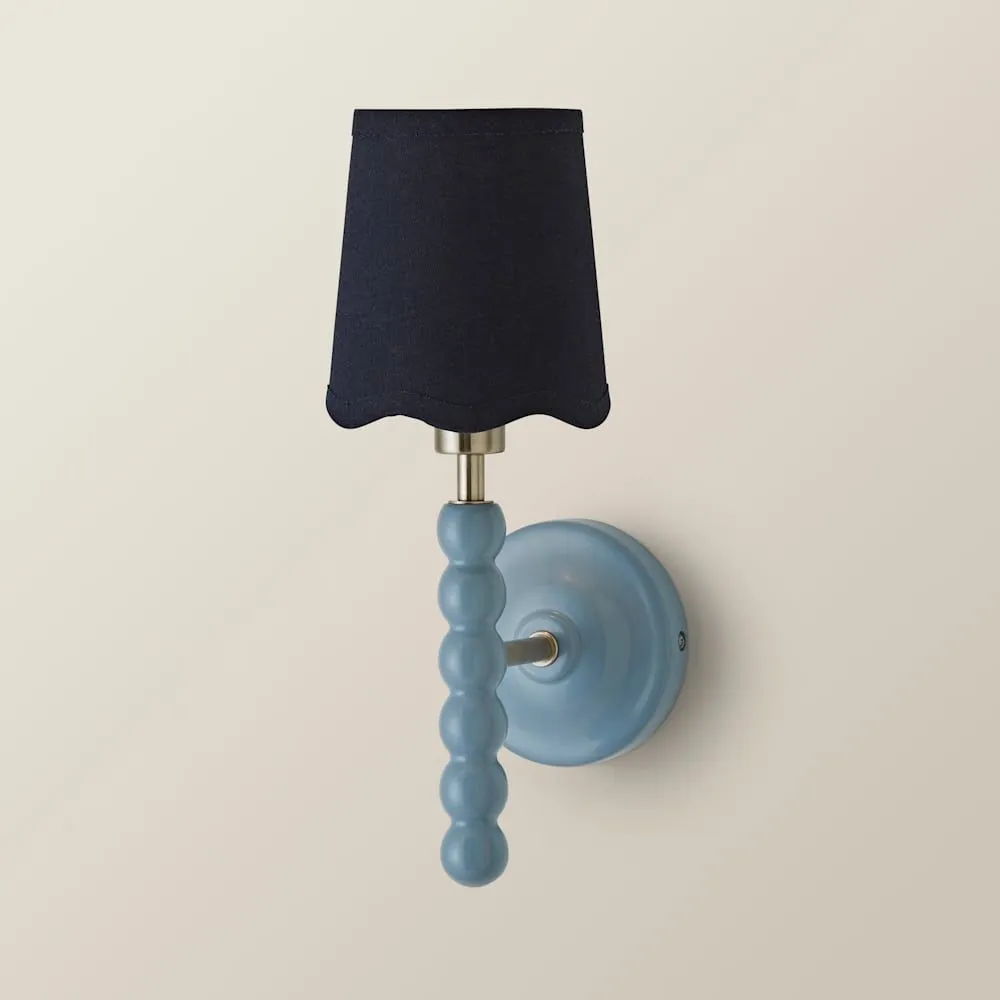ValueLights Bobbins Pair of Blue Wall Lights & Navy Blue Linen Trim Lamp Shades in Pale Blue 6
