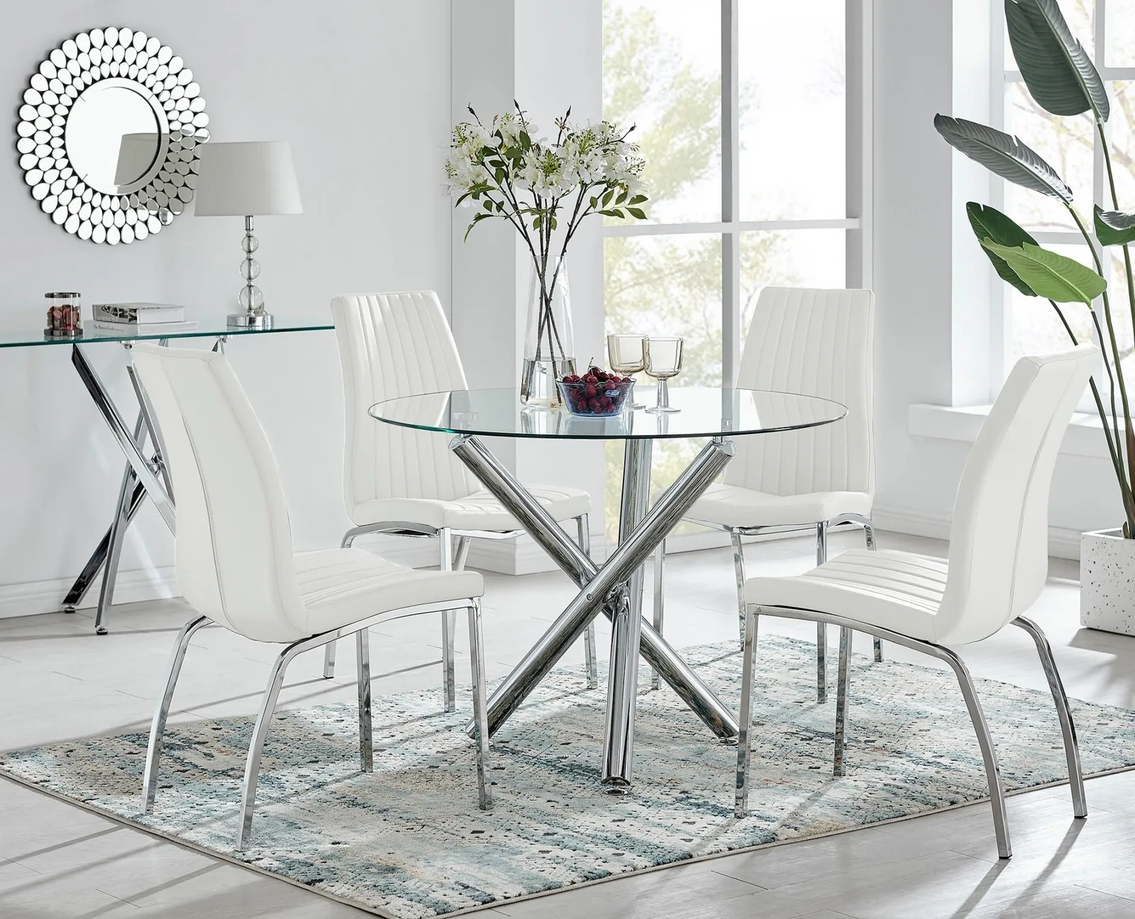 FurnitureboxUK Selina Round Glass Chrome Leg Dining Table & Isco Chairs in Off-White 1