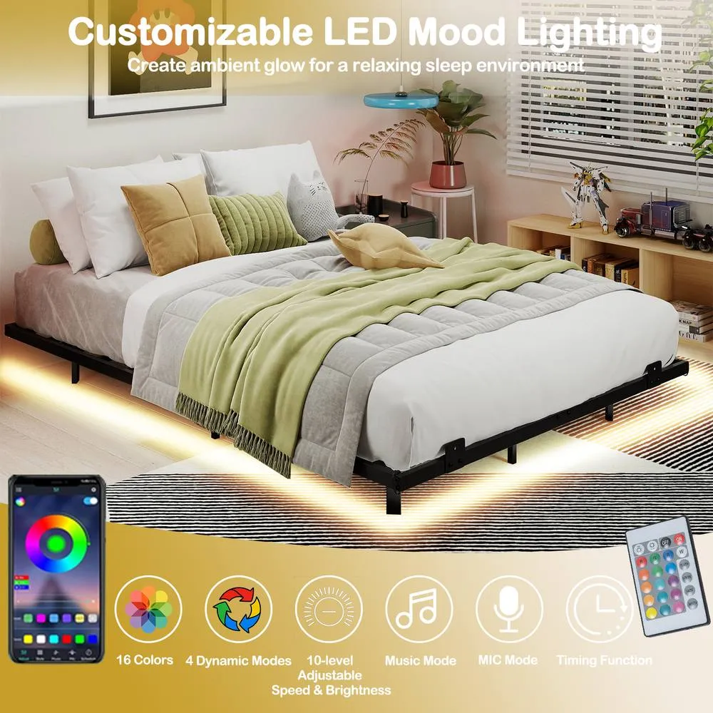 Costway Double Size Floating Bed Frame w/ LED Lights Modern Metal Platform Bed in Black 5