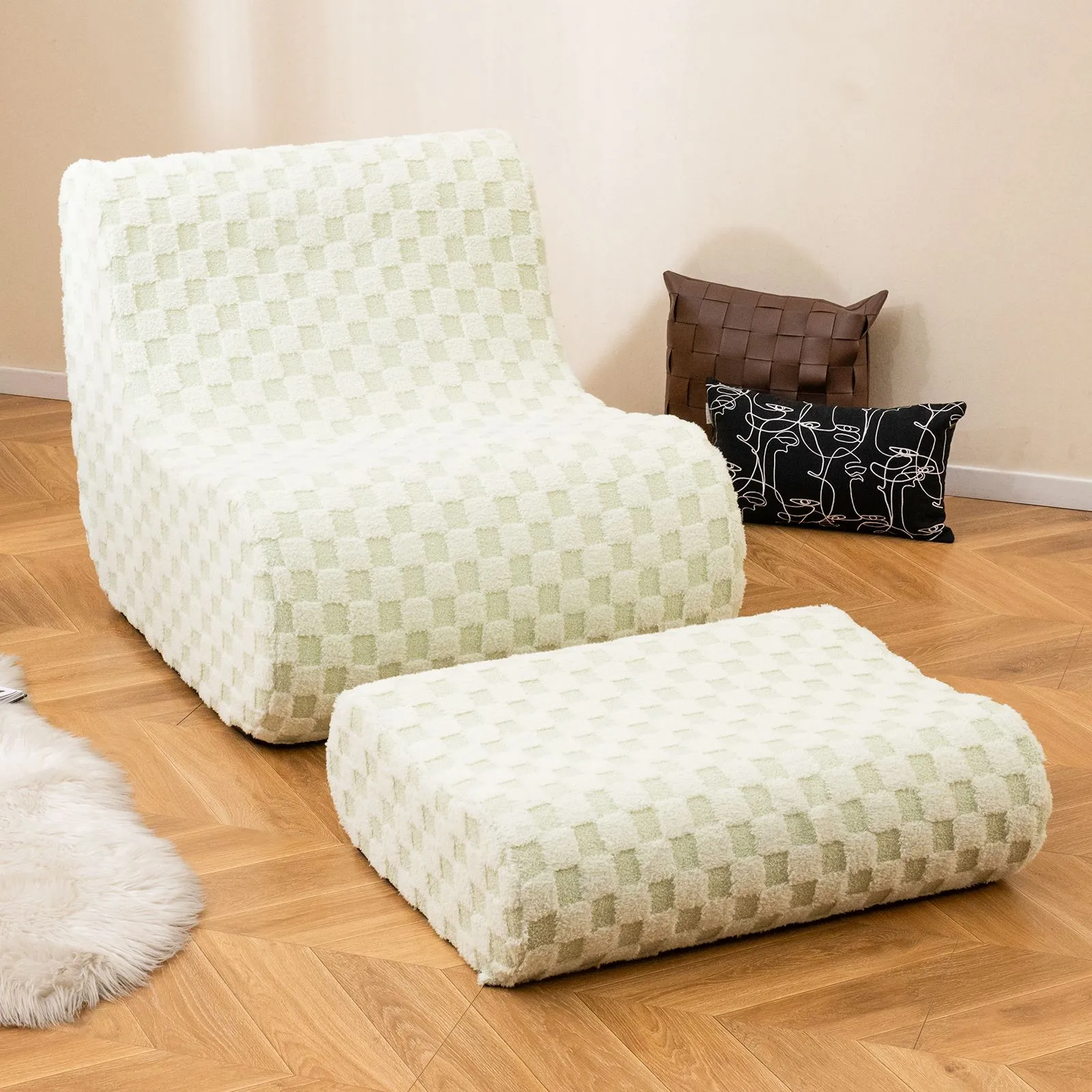 Costway Accent Bean Bag Chair w/ Ottoman Lazy Sofa Chair Set w/ Washable Cover in Beige 3