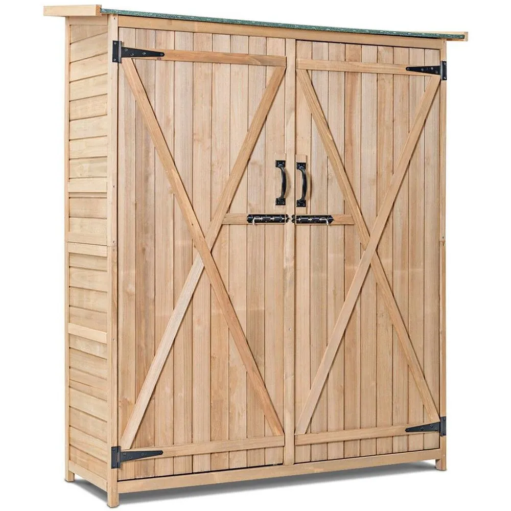 Costway Garden Storage Shed Outdoor Wooden Tool Storage Cabinet W/ Lockable Doors in Natural
