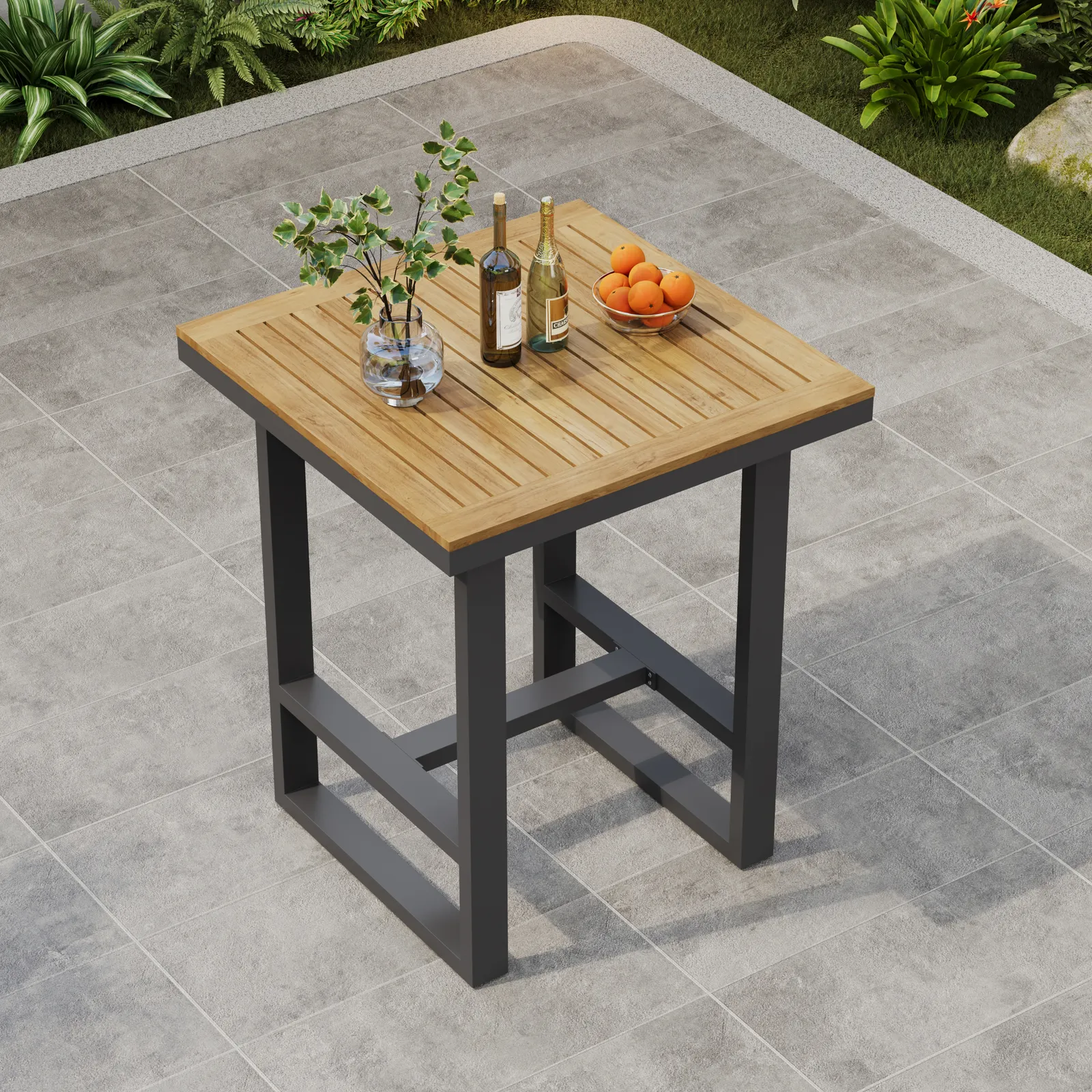 Tevara Outdoor Square Bar Table with Teak Wood Slat Top & Aluminium Frame in Dark Grey