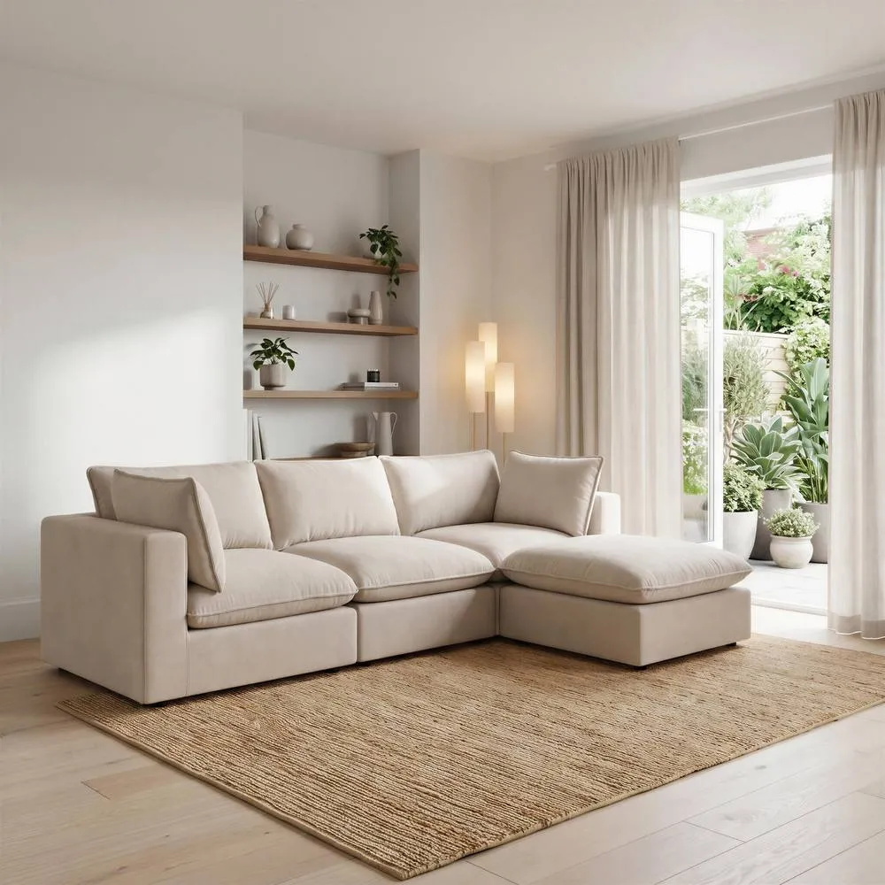 FurnitureboxUK Echo Linen-Look Fabric 3 Seater Modular Chaise Sofa in Cream 1