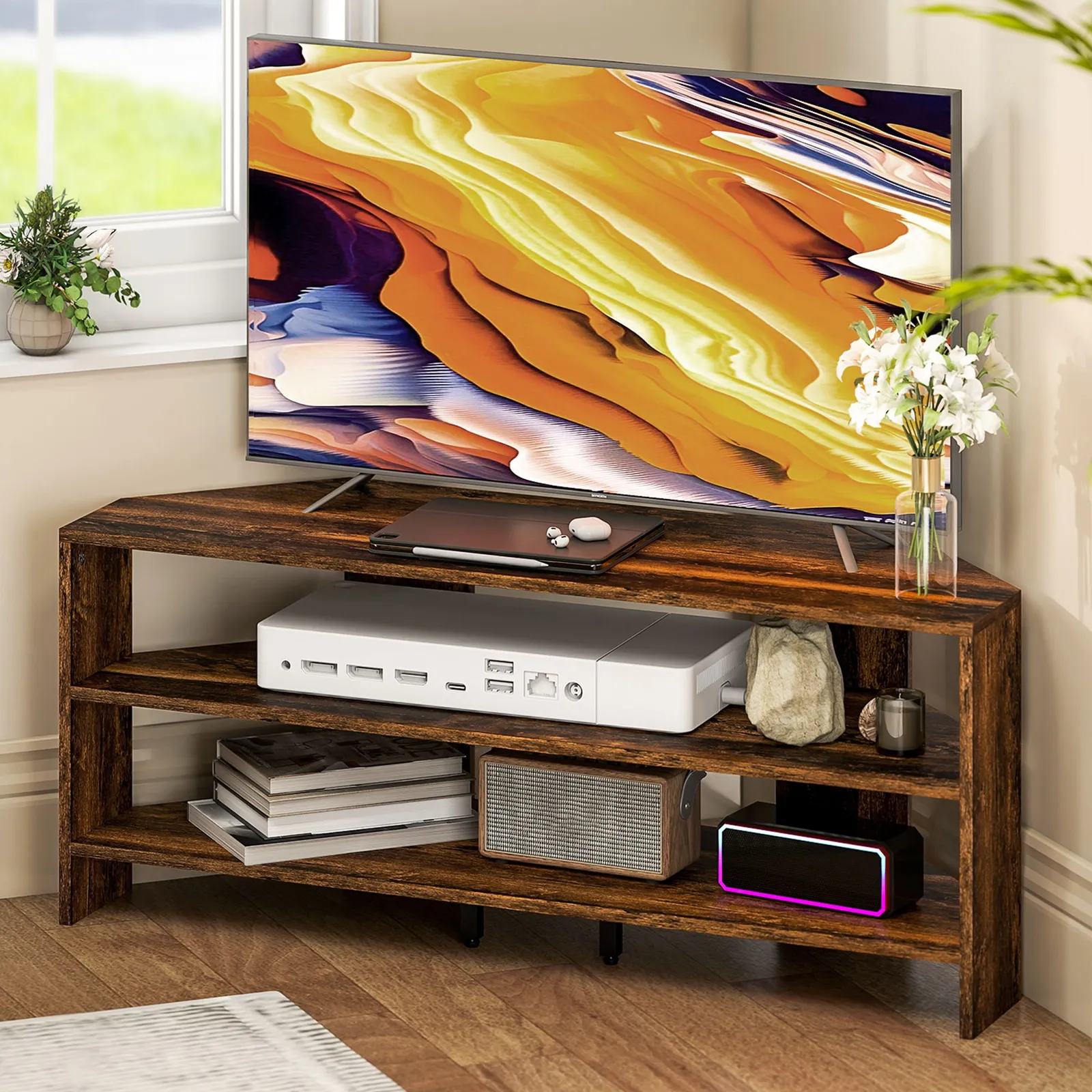 HOMCOM Corner TV Stand, TV Unit with Open Shelves for 47 Inch TV in Dark Brown 2