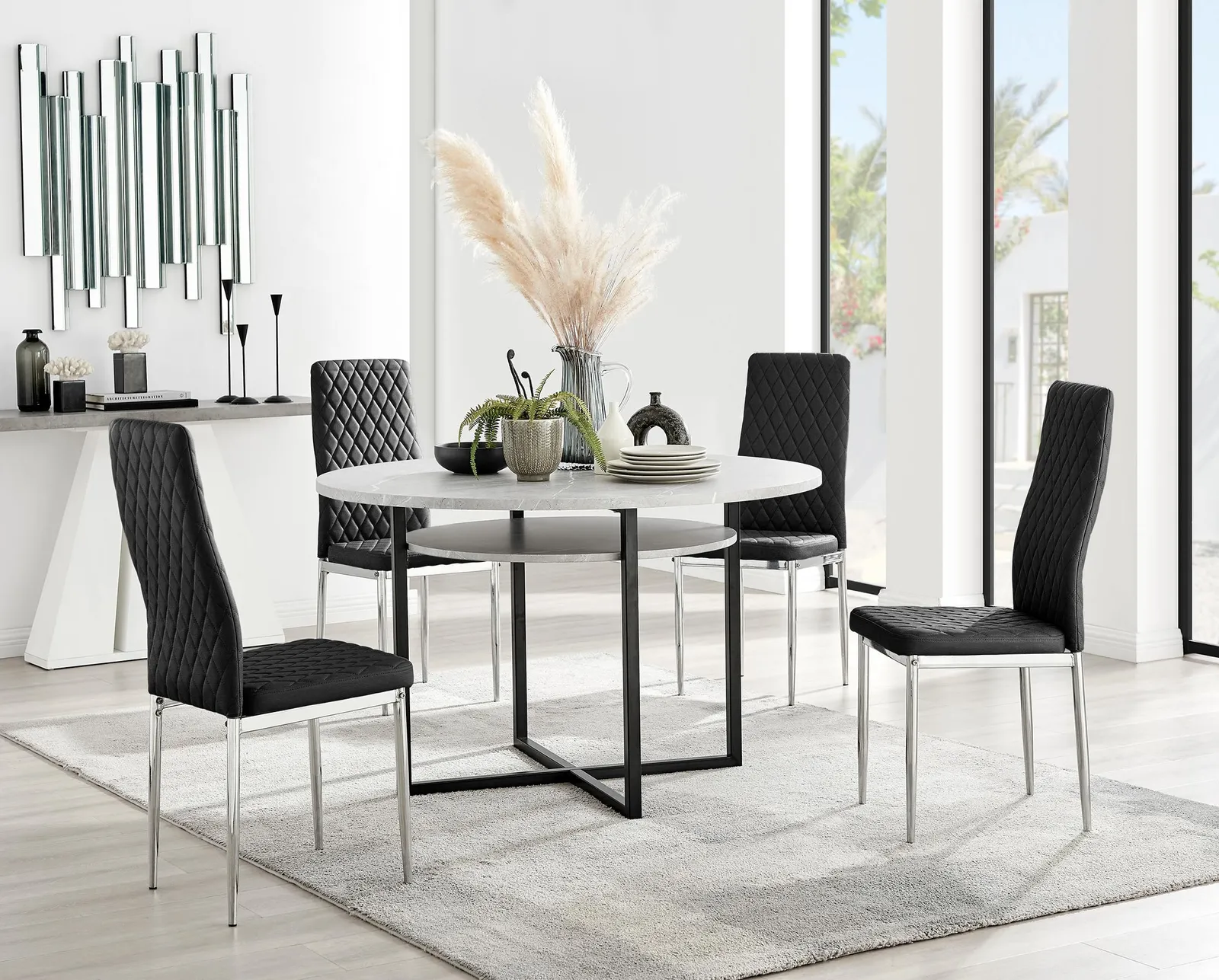 FurnitureboxUK Adley Grey Concrete Effect Round Dining Table & 4 Velvet Milan Chairs in Black