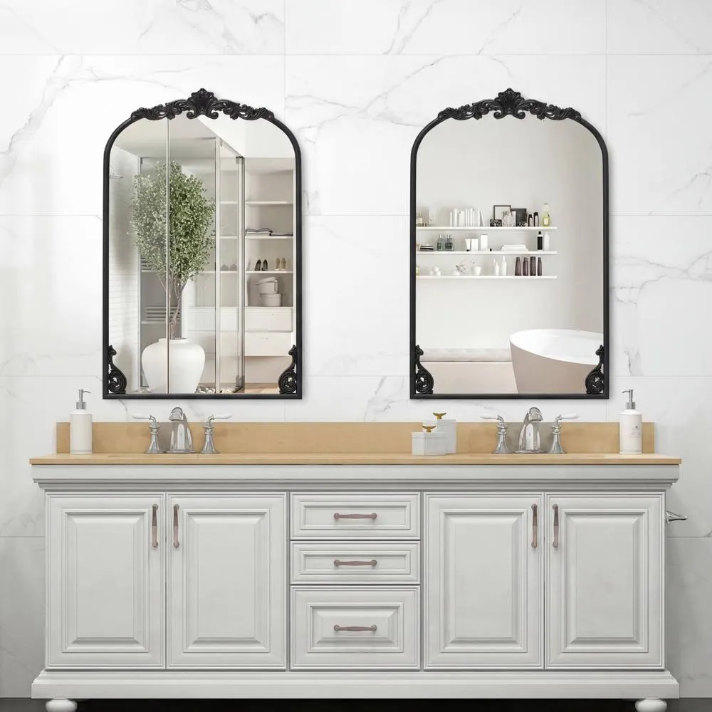 Costway Wall Mirror 90cm x 61cm Arched Mirror w/ Baroque Ornate Frame in Black 4