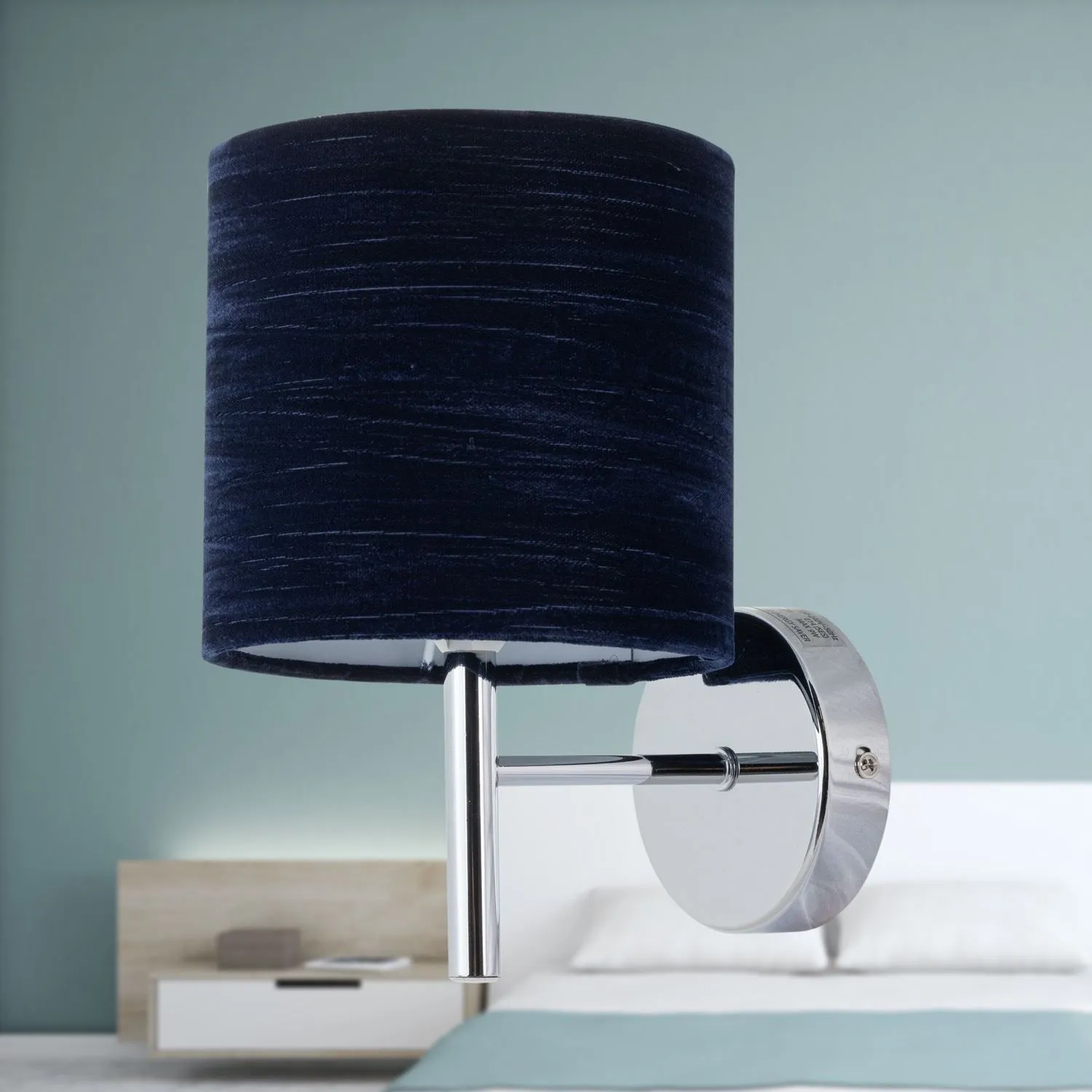 First Choice Lighting Brea - Chrome Wall Light with Navy Blue Crushed Velvet Shade in Silver 3