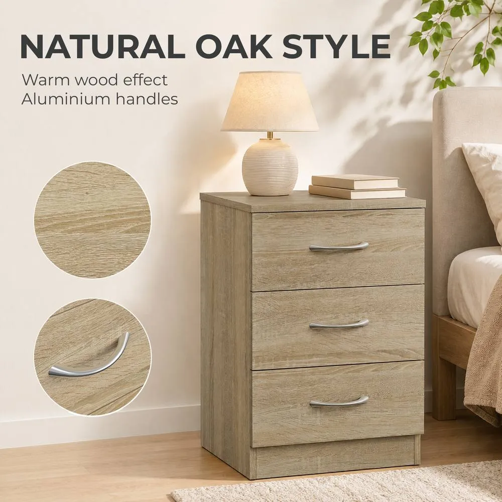 HOMCOM Modern 3 Drawers Side Table, Bedside Table with Wood Effect, Oak in Light Oak 5
