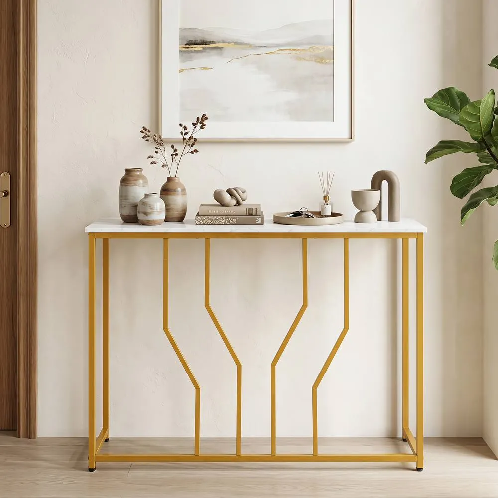 Costway Gold Console Table Modern White Faux Marble Entryway Table 3