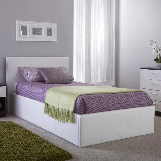 Side Lift Ottoman Faux Leather Single Bed In White