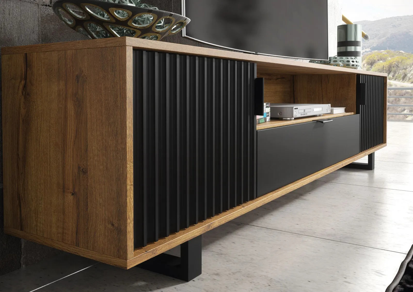 Creative Furniture Blackridge TV Unit 200cm - Dark Oak Body with Matte Black Fluted Fronts in Brown 3
