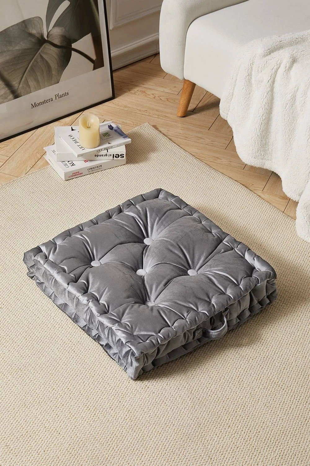 Living and Home Smoke Grey Italian Velvet Fabric Tufted Pleated Edge Sofa Throw Pillow